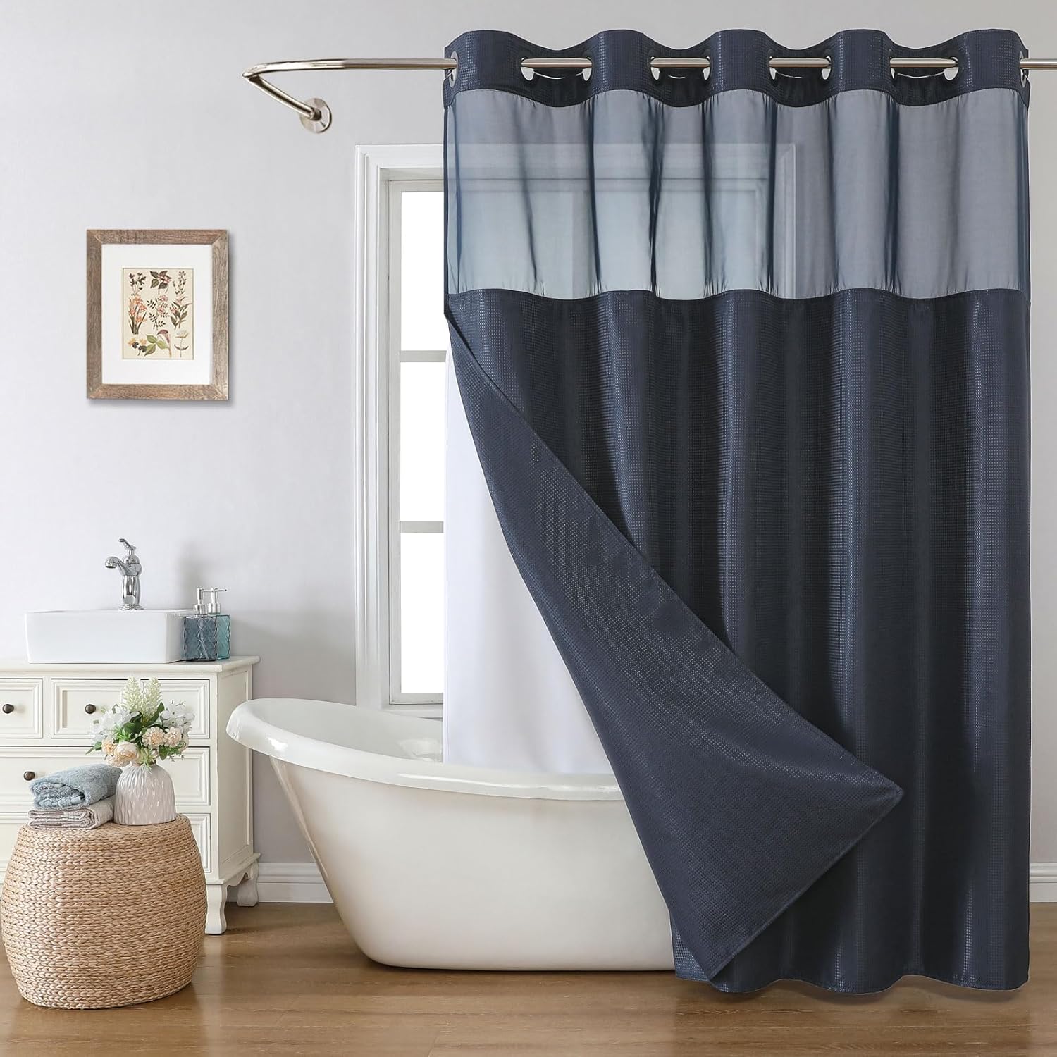 Eachope Stall No Hook Shower Curtain Set Navy Waffle Weave