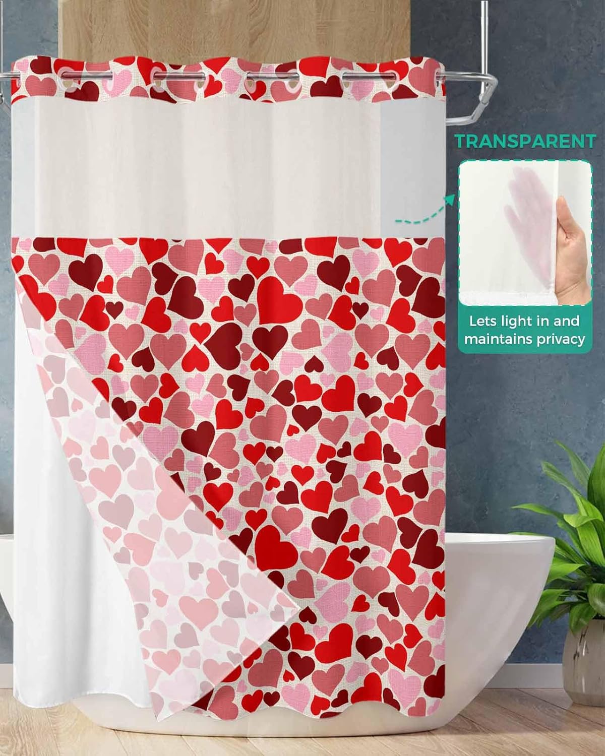 Jolunifun Valentines Day No Hook Shower Curtain Set