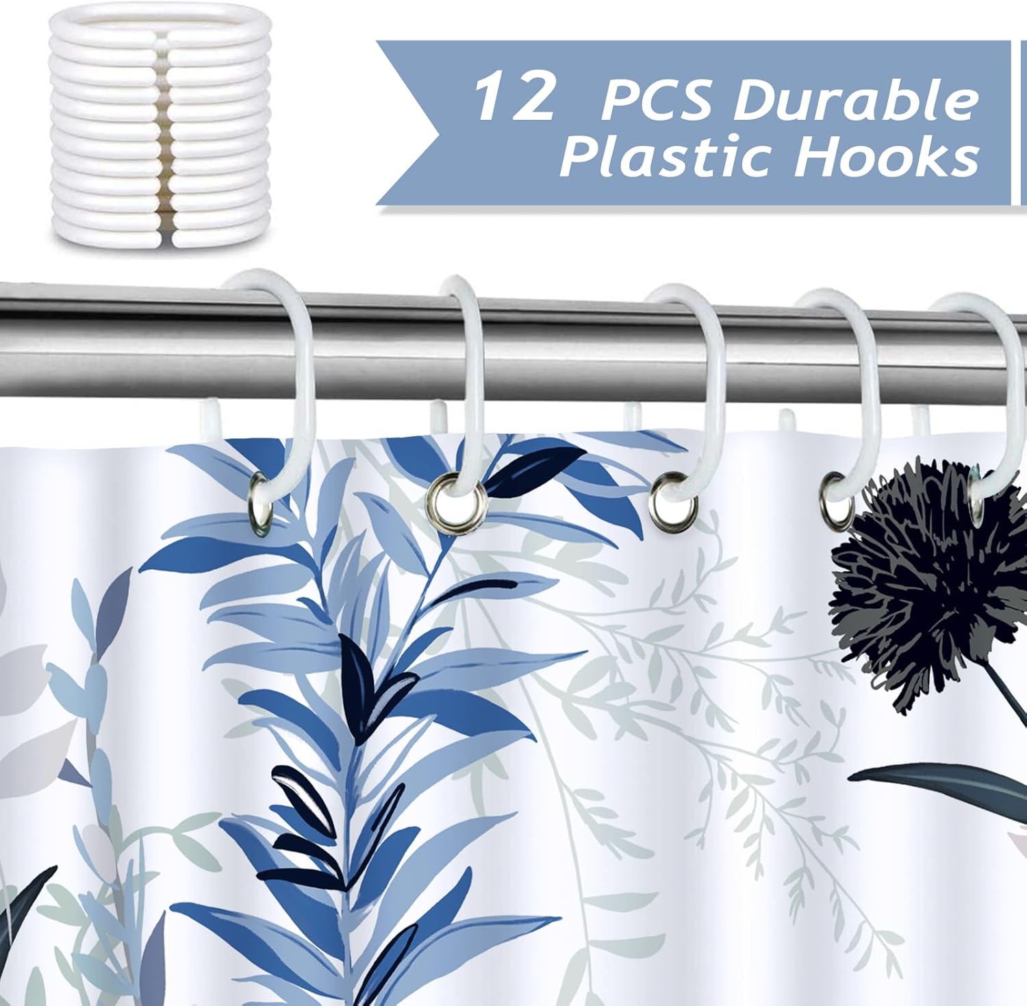 Bonhause Blue Wildflower Shower Curtain - 72x72 Inch Waterproof Boho Design