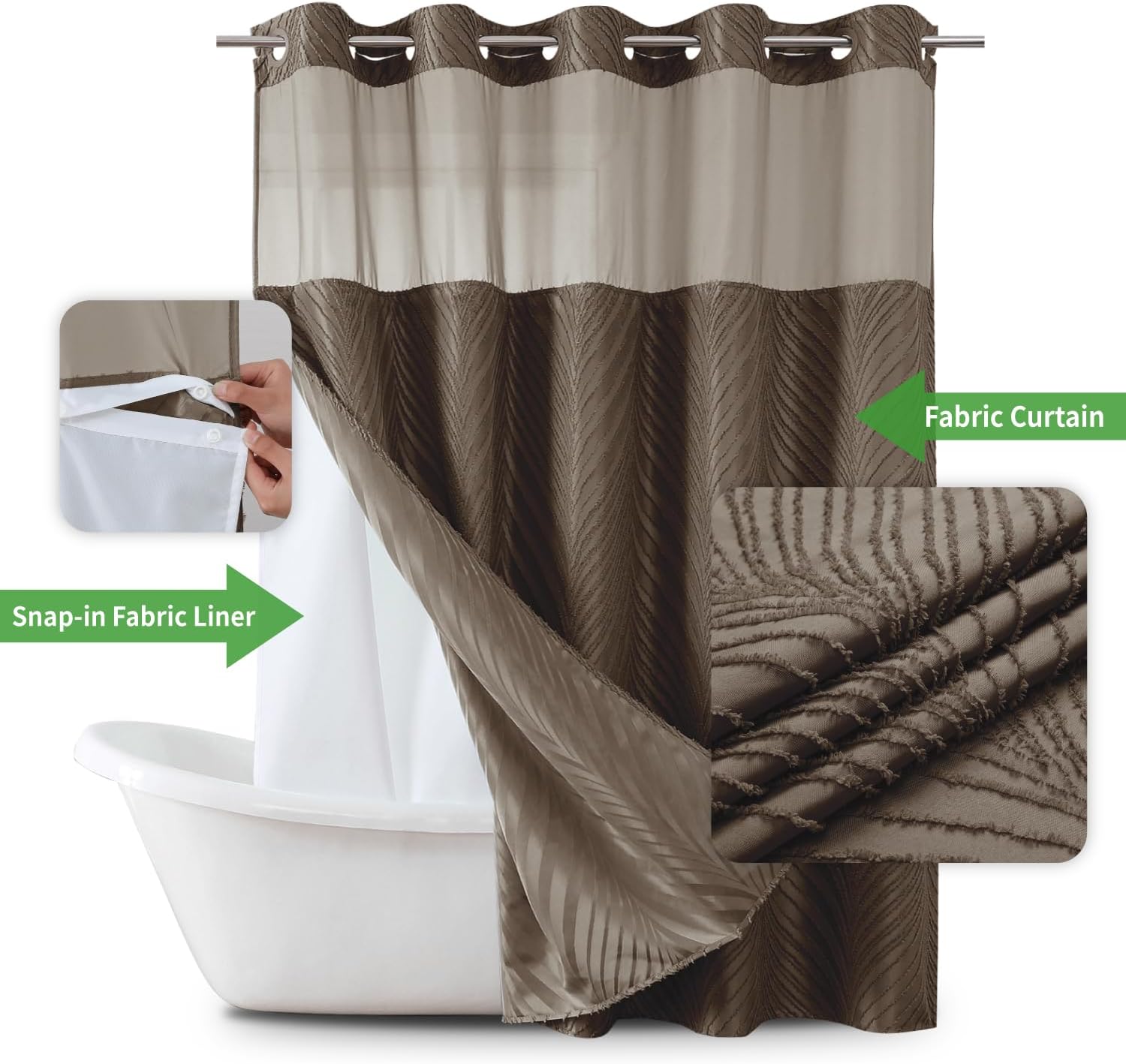 No Hook Boho Shower Curtain Set with Tufted Stripes and Snap Liner