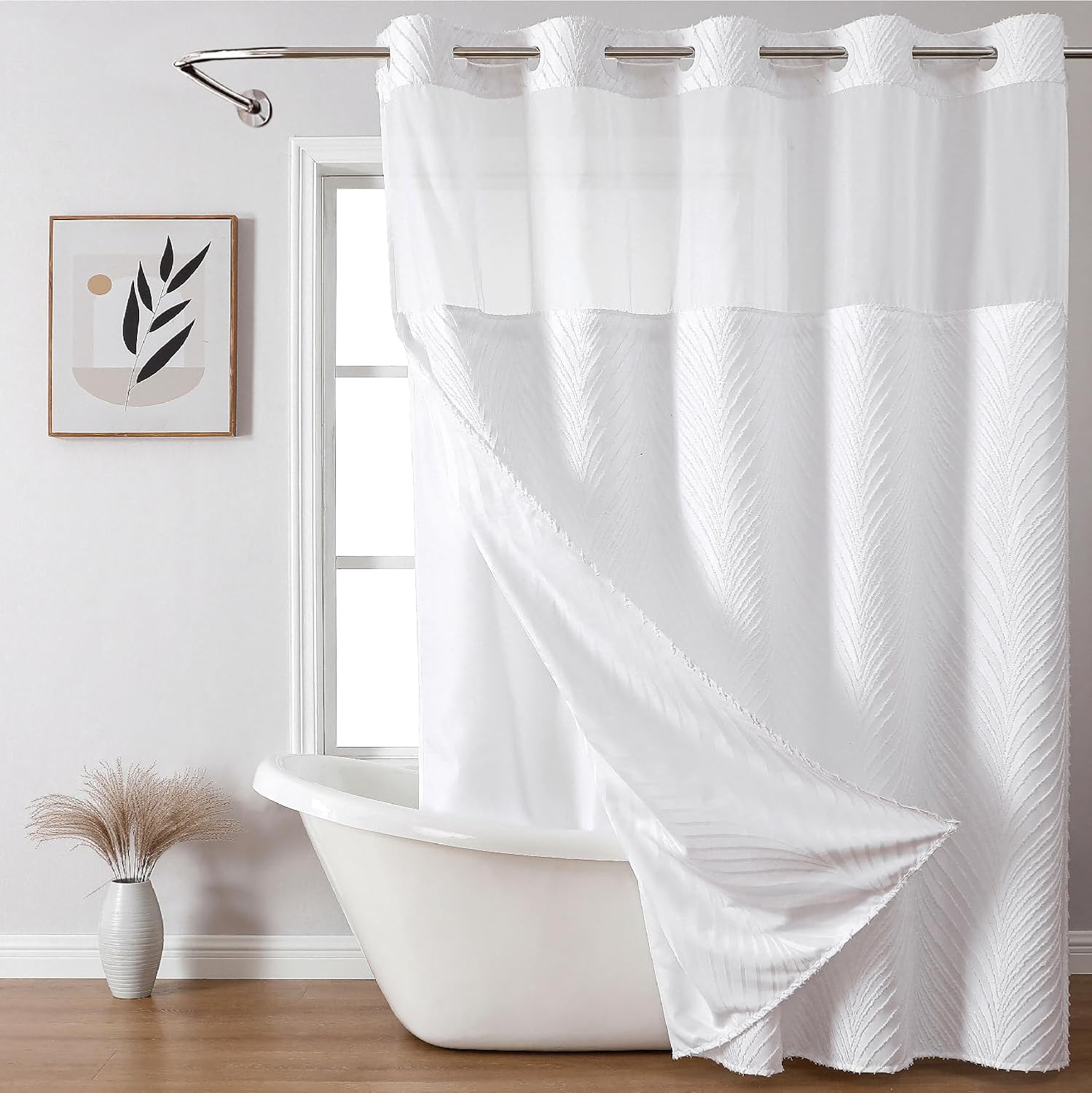 Boho No Hook Shower Curtain Set with White Tufted Stripes and Waterproof Liner