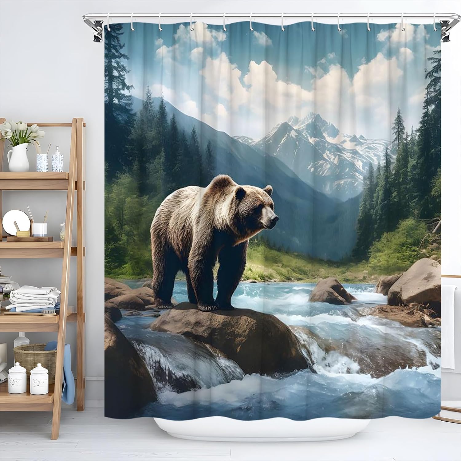 Forest Bear Shower Curtain with Hooks 70x70 Inch 1