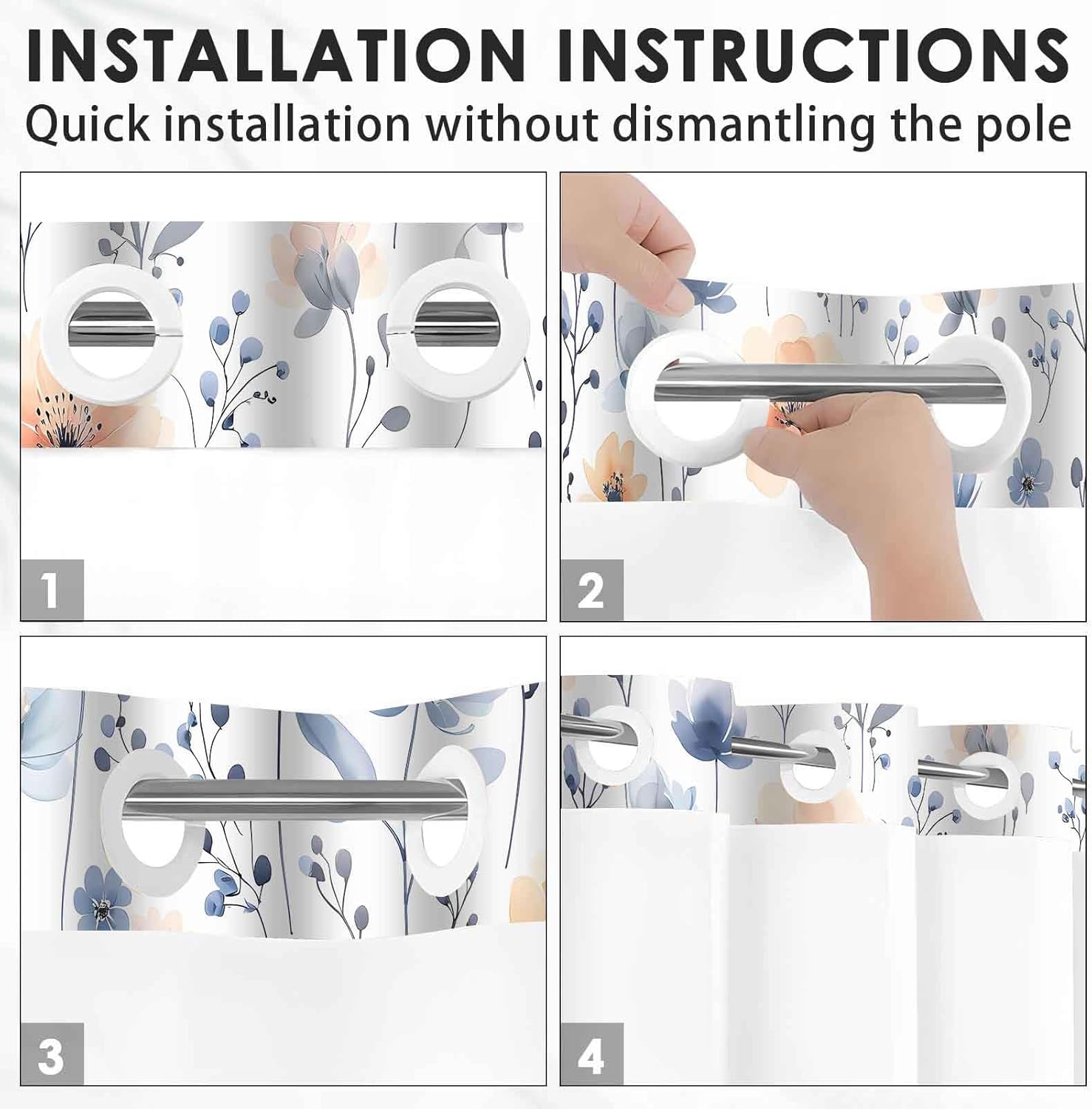 Gdmoon No Hook Floral Shower Curtain Set 71x74 with Snap Liner