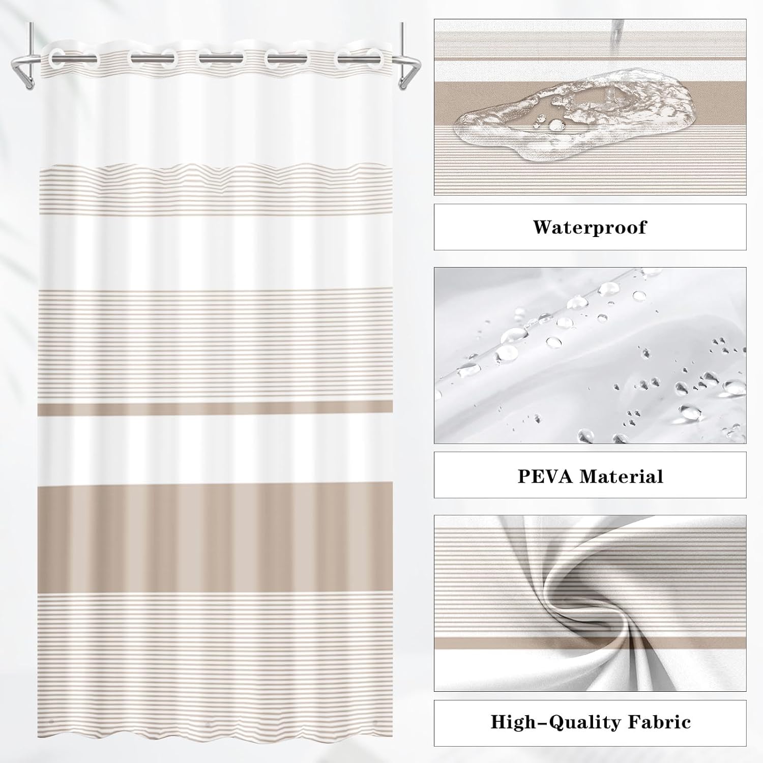 Nesphy No Hook Boho Beige Shower Curtain Set 1