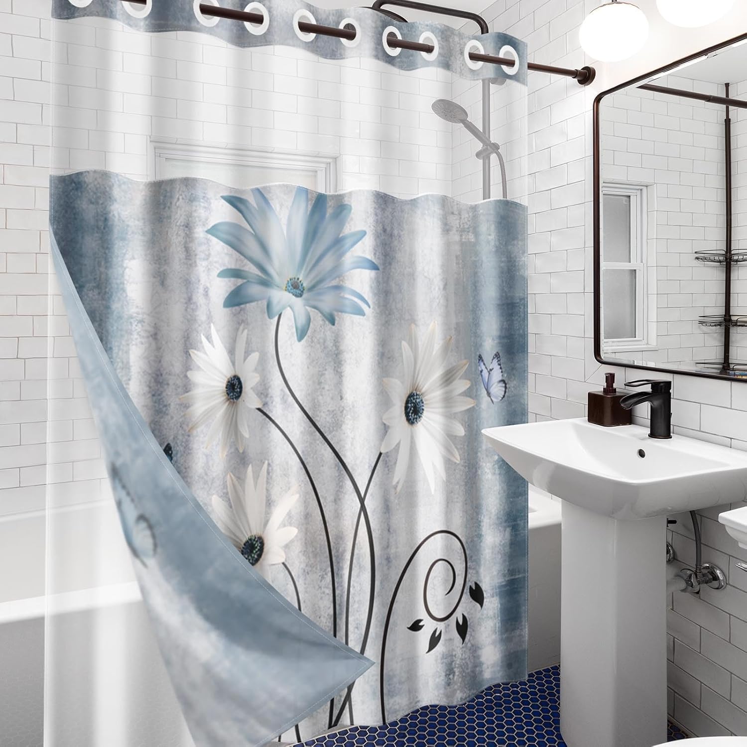Nesphy Rustic Farmhouse Shower Curtain with PEVA Liner Set Blue Daisy Butterfly Style