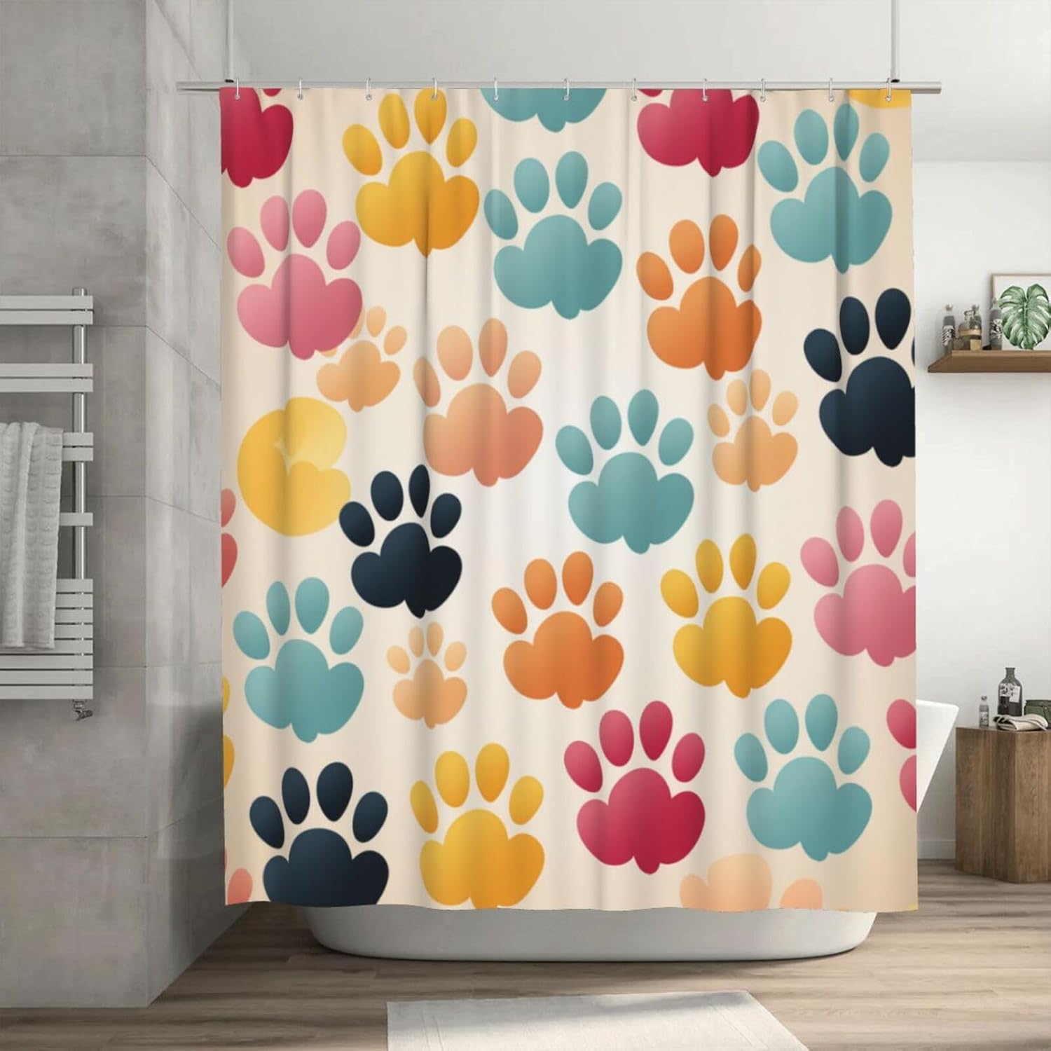 Animal Paw Prints Shower Curtain Set 72x72in Red Blue Yellow Black