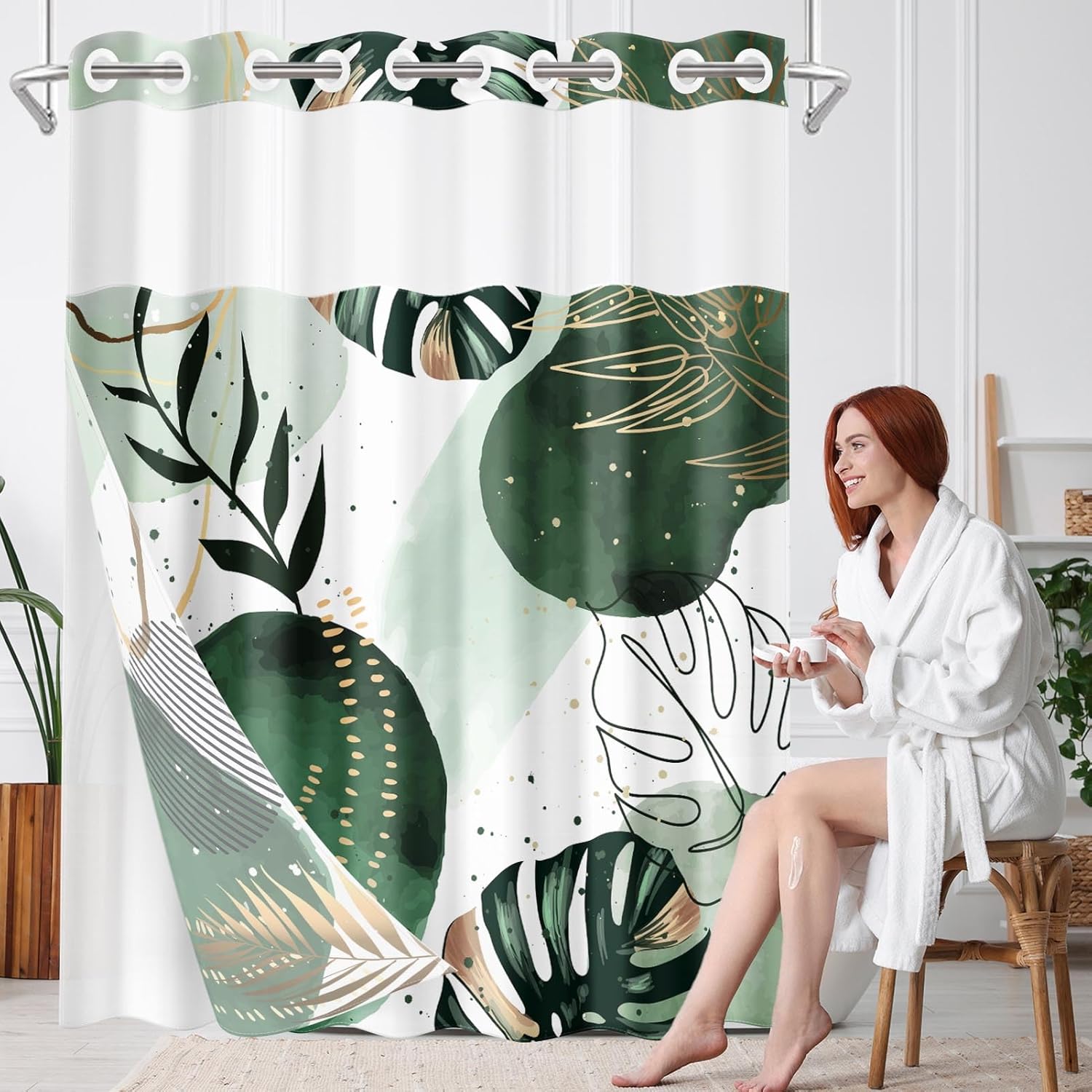 Britown Boho Green Gold Leaves Shower Curtain Set 1