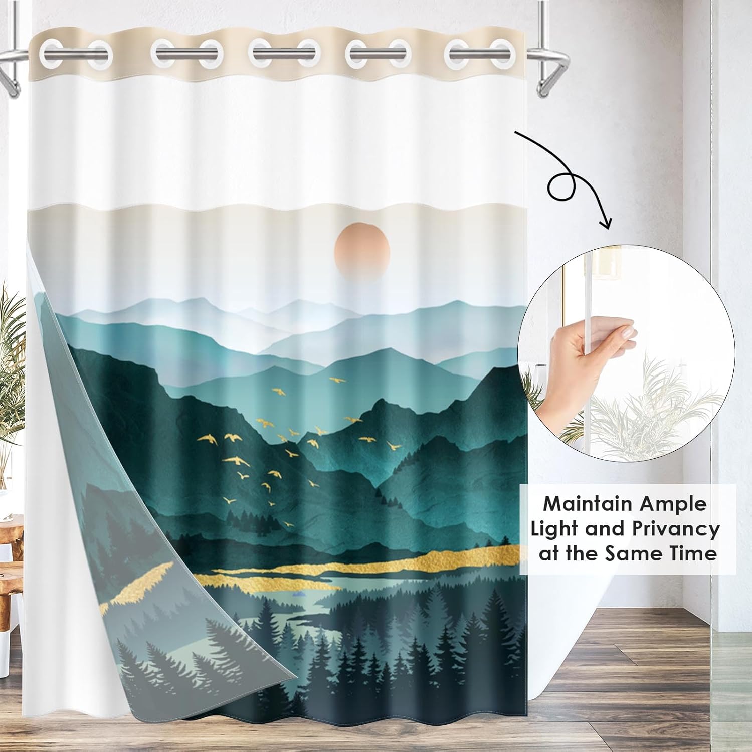 Nesphy No Hook Mountain Shower Curtain Set