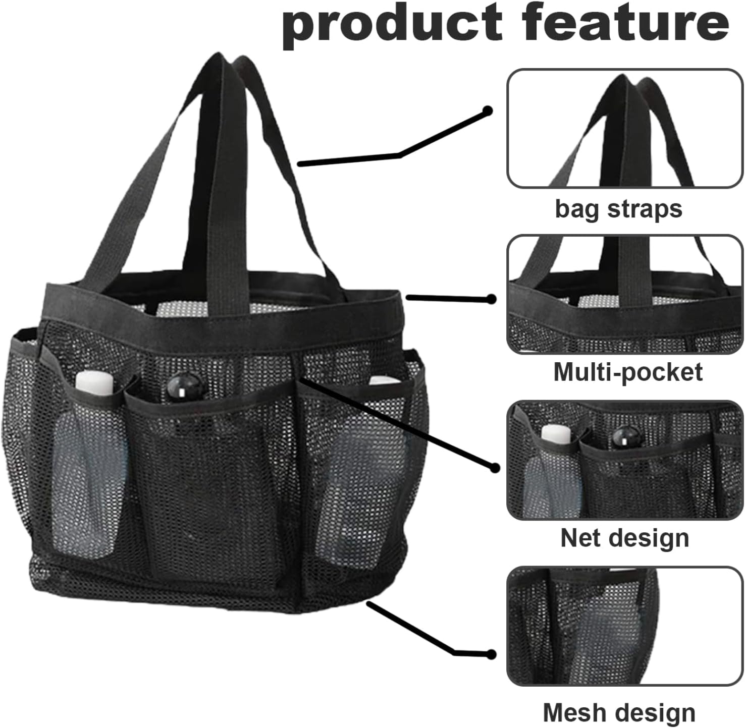 Hperu 8-Pocket Shower Tote Bag 22x22x22cm Black