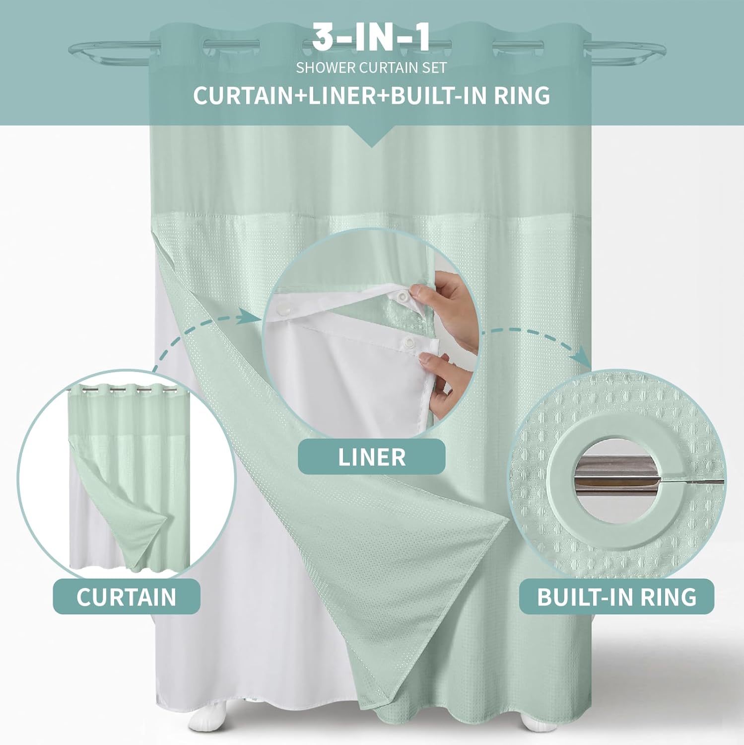 MintGreen No Hook Waffle Weave Shower Curtain Set
