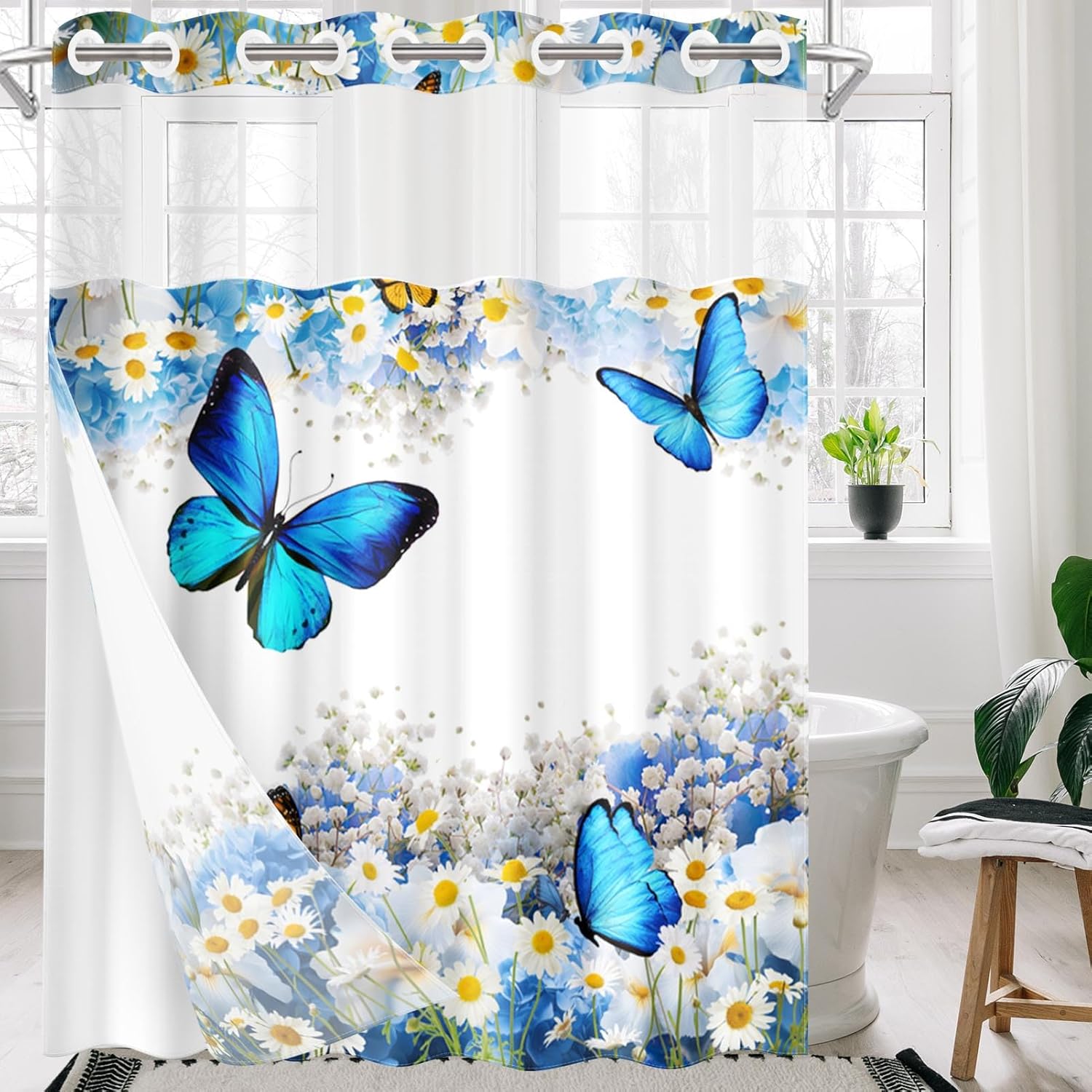 Nesphy No Hook Flower Chrysanthemum Shower Curtain Set