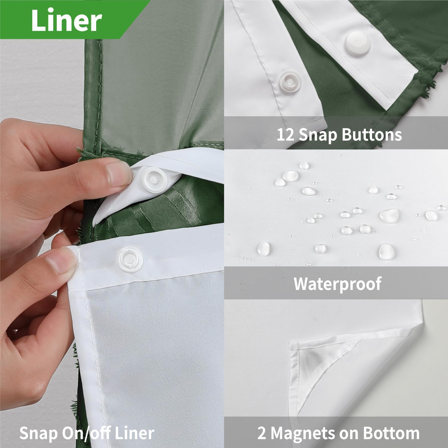 No Hook Dark Green Boho Shower Curtain Set with Snap Liner