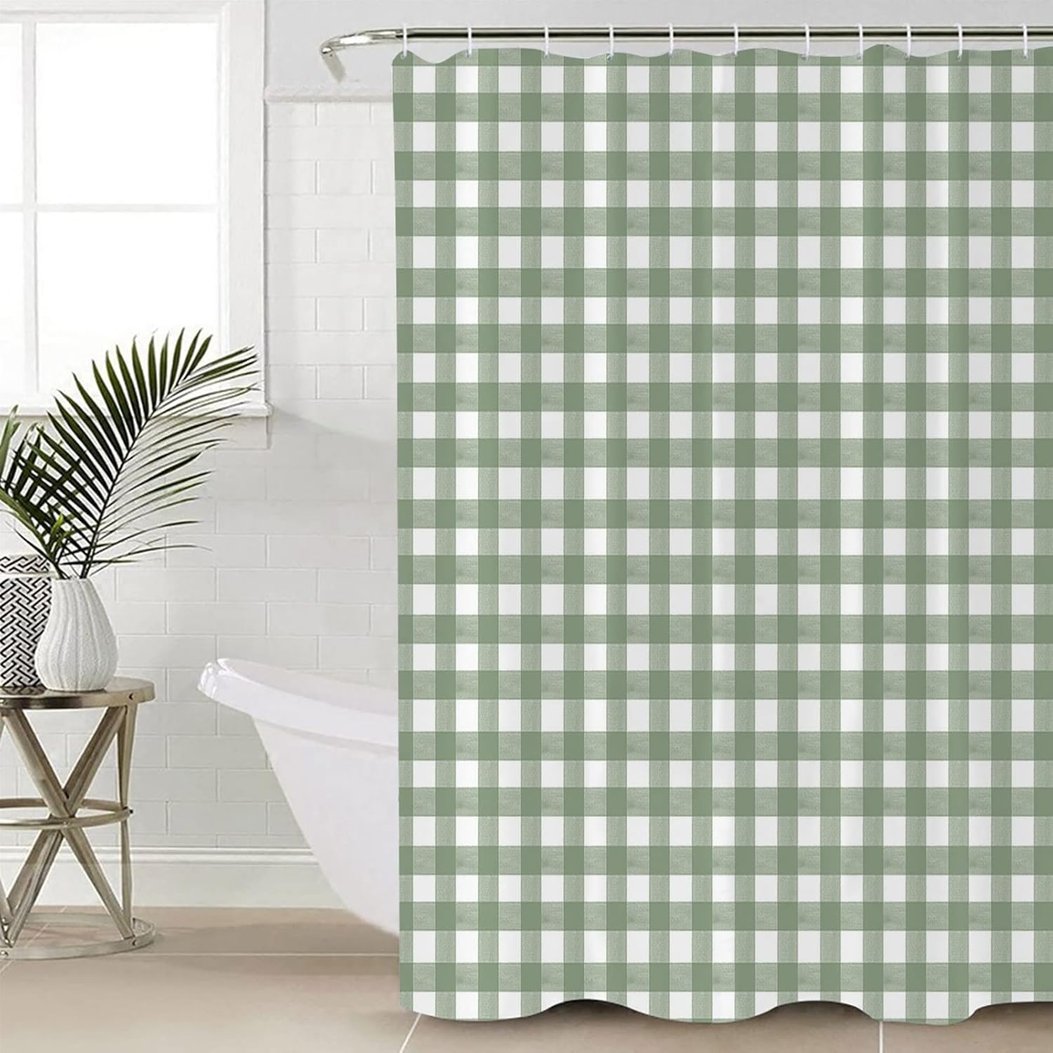 QueenKer Sage Green Buffalo Plaid Shower Curtain Set with 12 Hooks