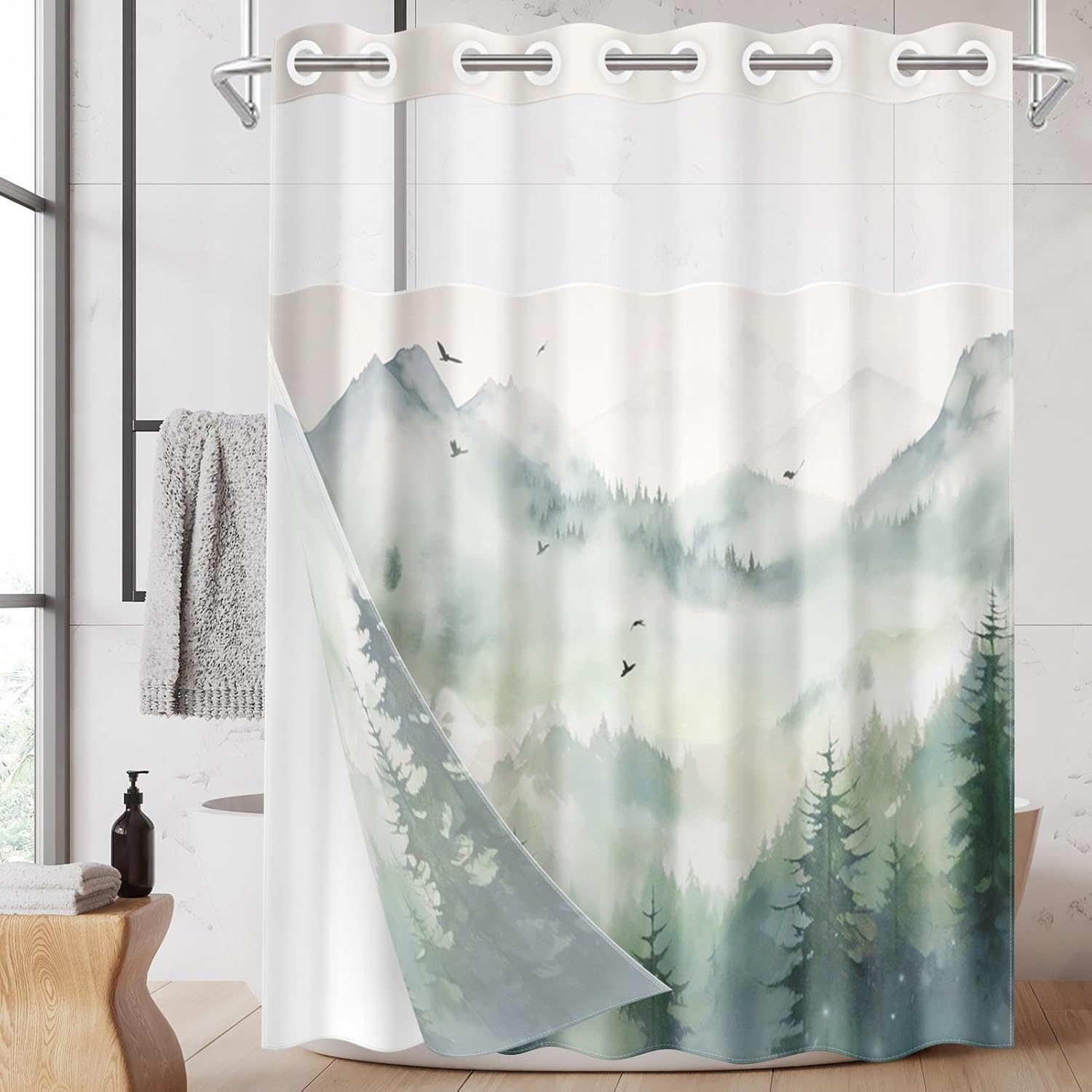 Nesphy No Hook Landscape Forest Shower Curtain Set