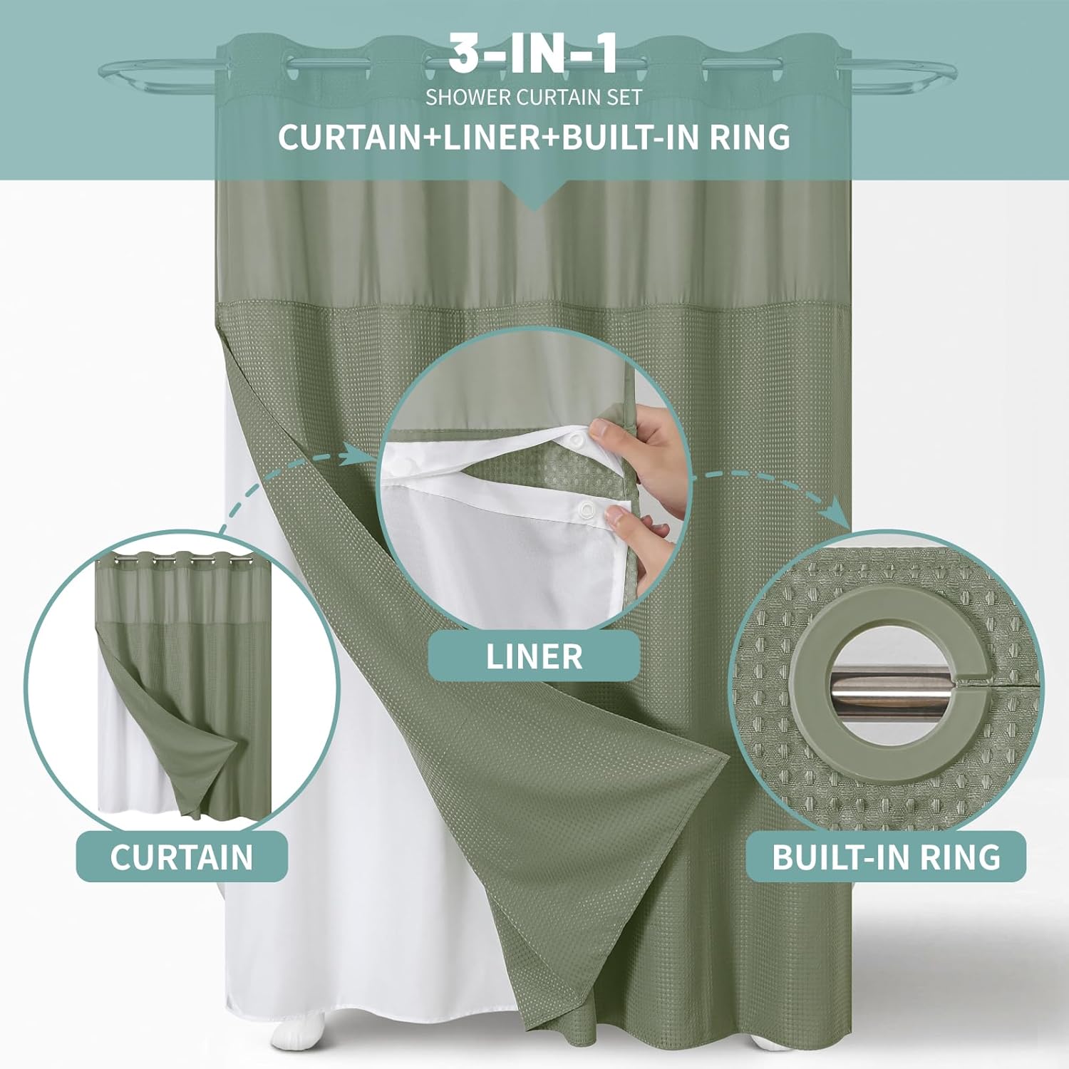 SageGreen Waffle Weave No Hook Shower Curtain Set with Snap-In Liner