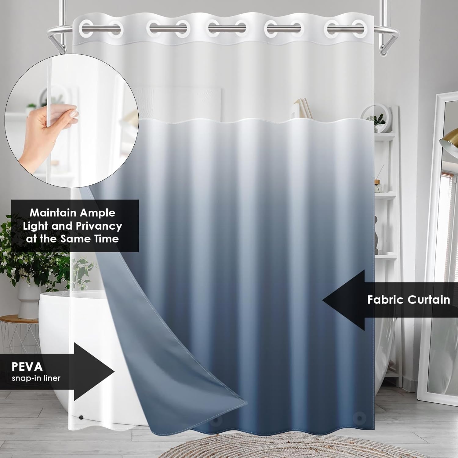 Nesphy No Hook Ombre Blue Shower Curtain Set 1