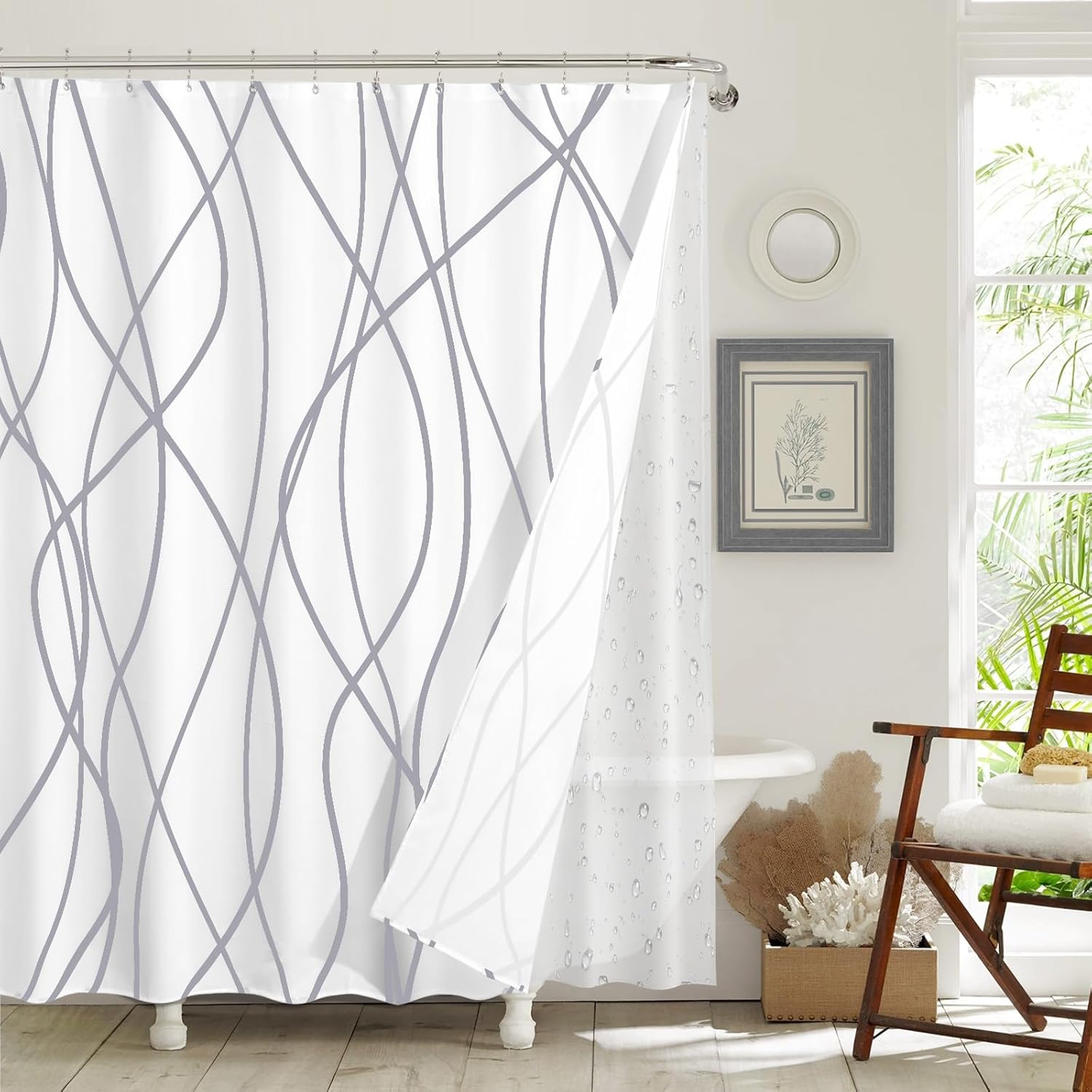 ORTIGIA 3-in-1 Shower Curtain Set Grey Wave Stripe