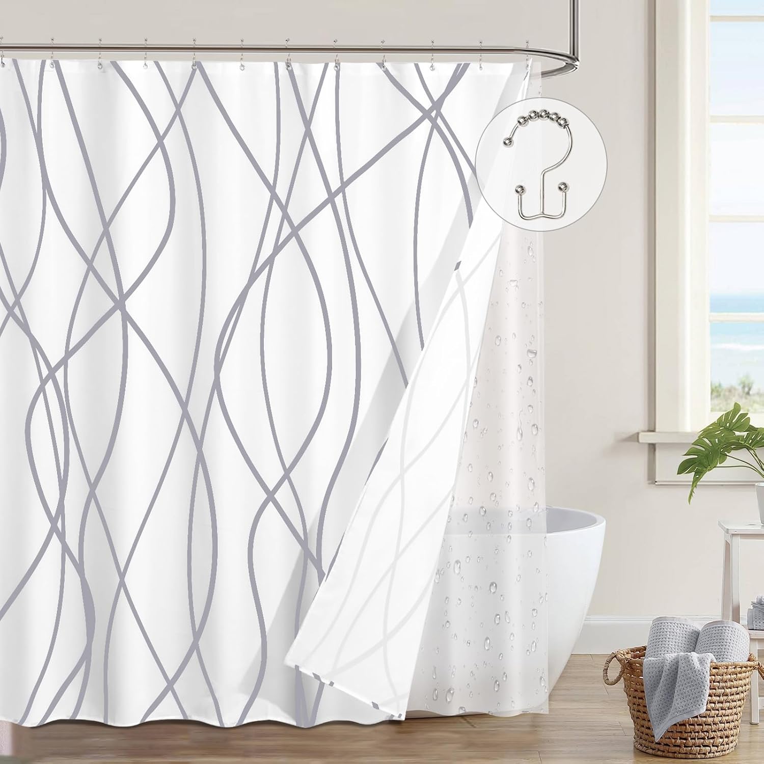 ORTIGIA 3-in-1 Shower Curtain Set Grey Wave Stripe