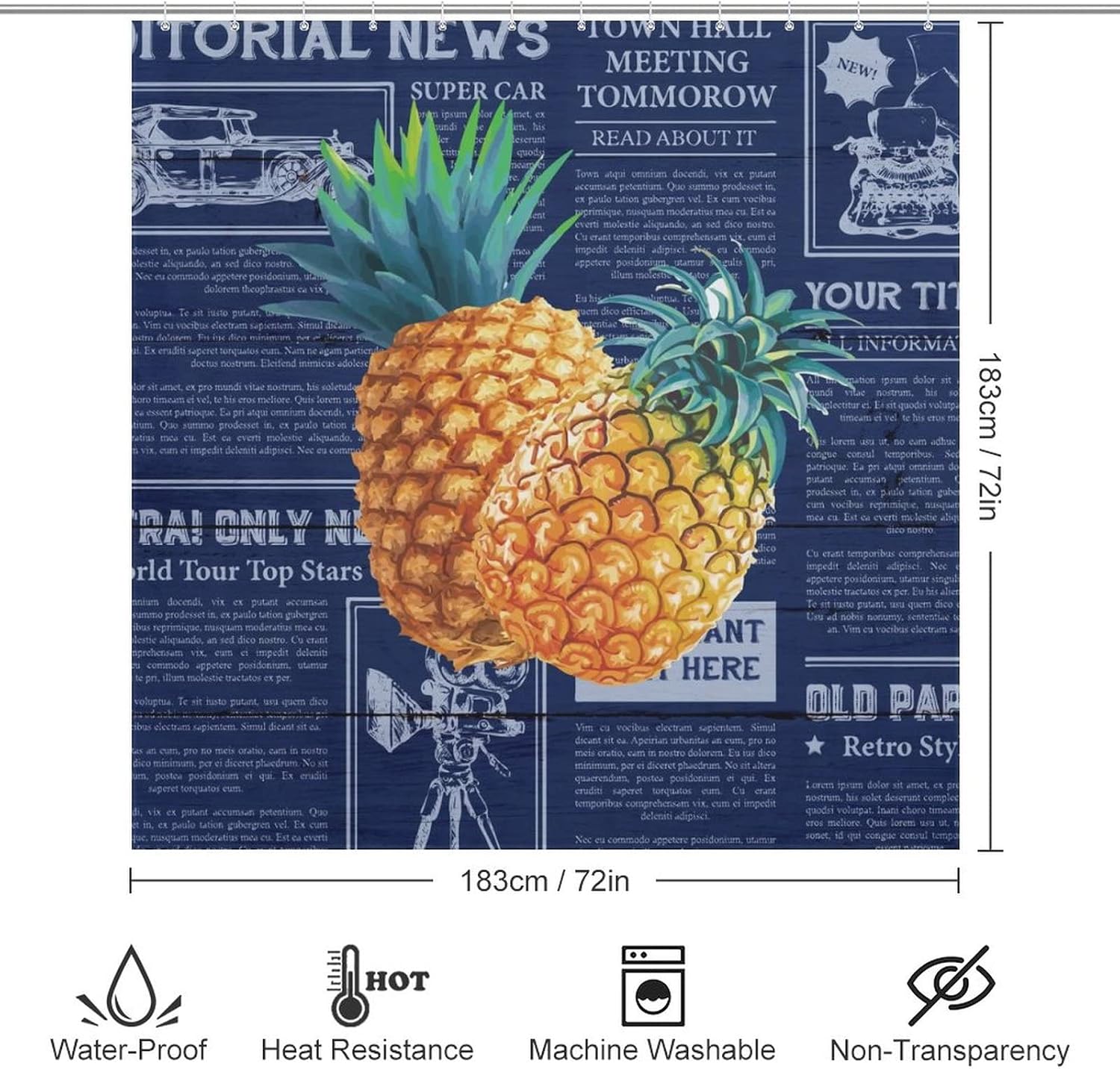 Summer Cool Pineapple Pattern Bath Curtain with 12 Hooks