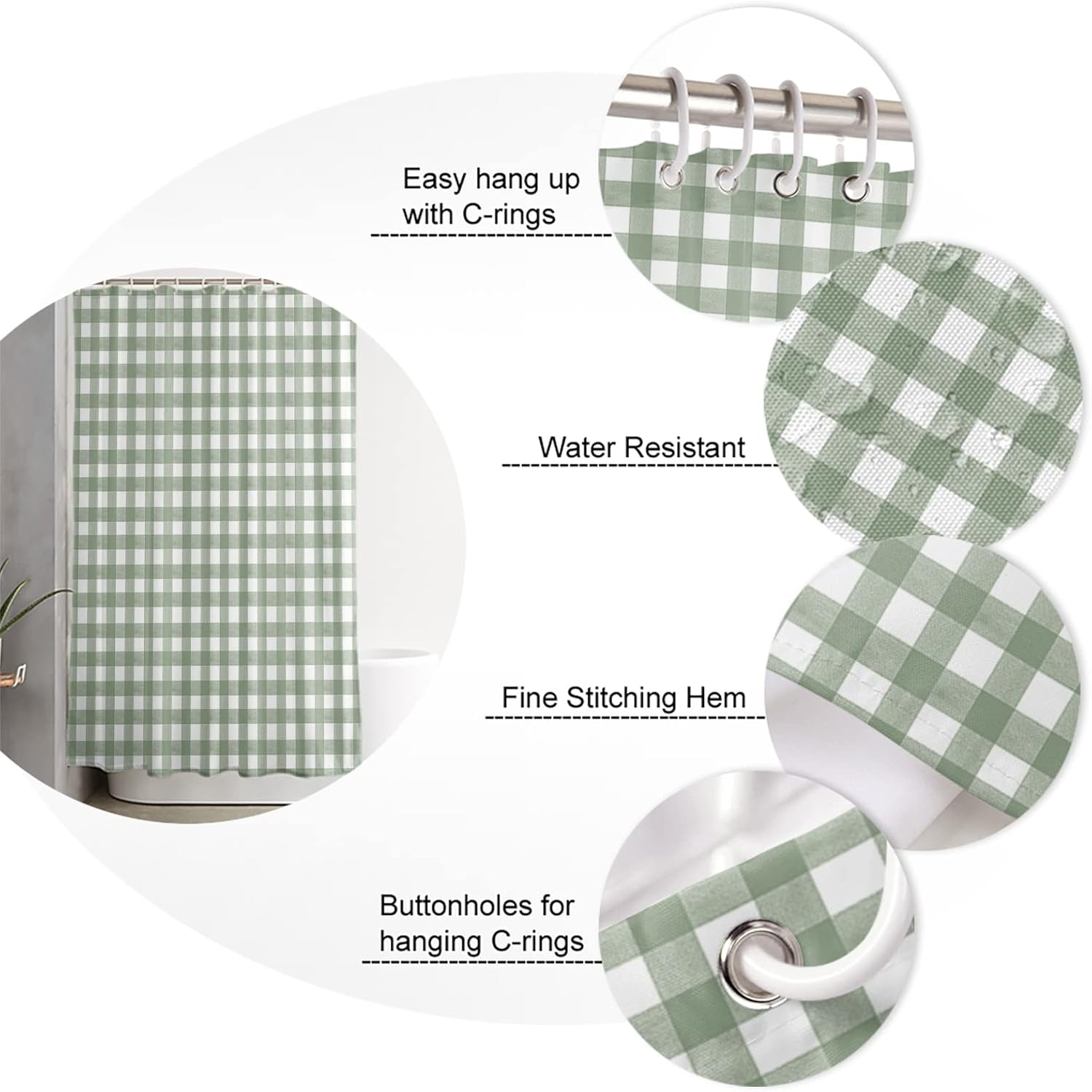 QueenKer Sage Green Buffalo Plaid Shower Curtain Set with 12 Hooks