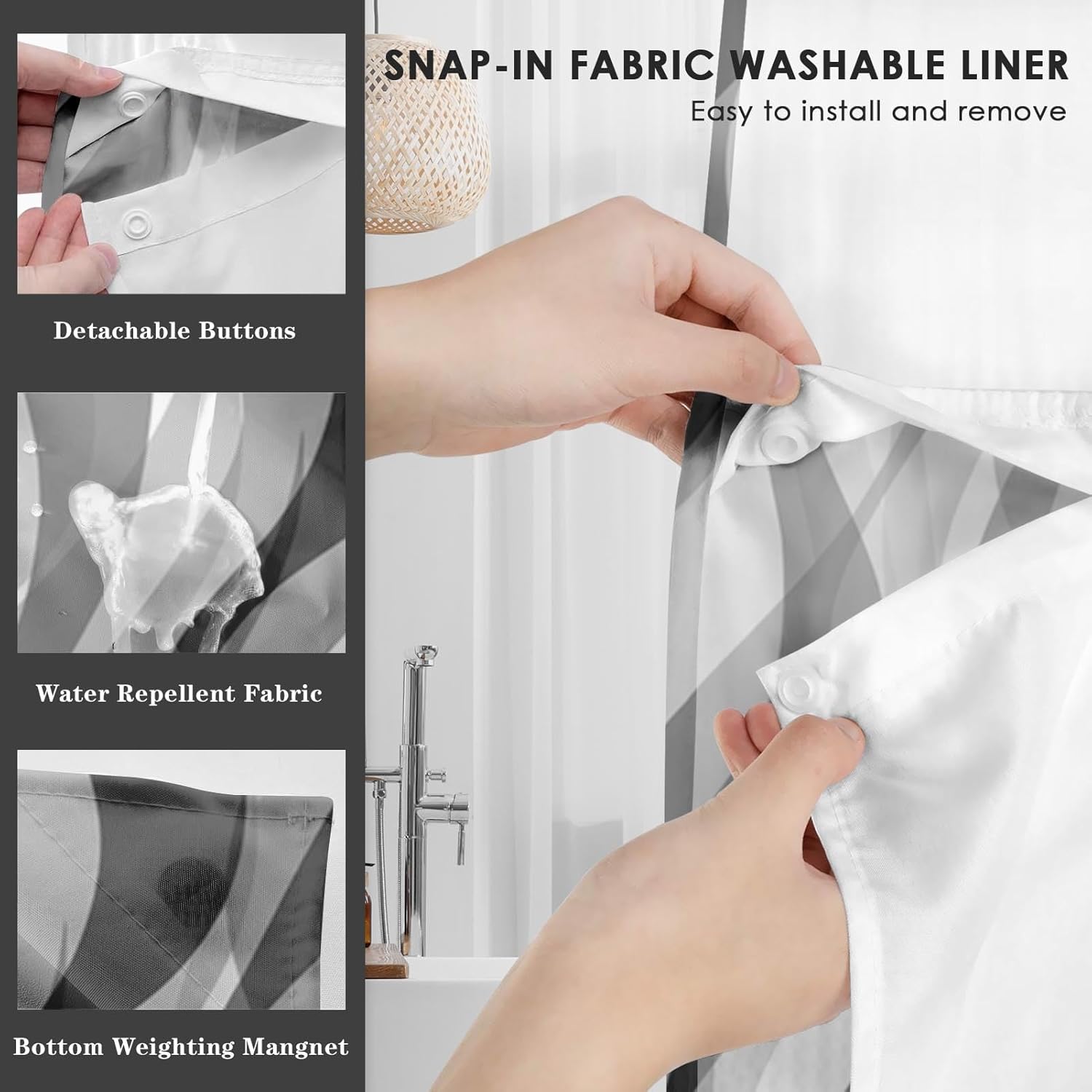 Nesphy No Hook Grey Shower Curtain Set with Clear Top Window 1