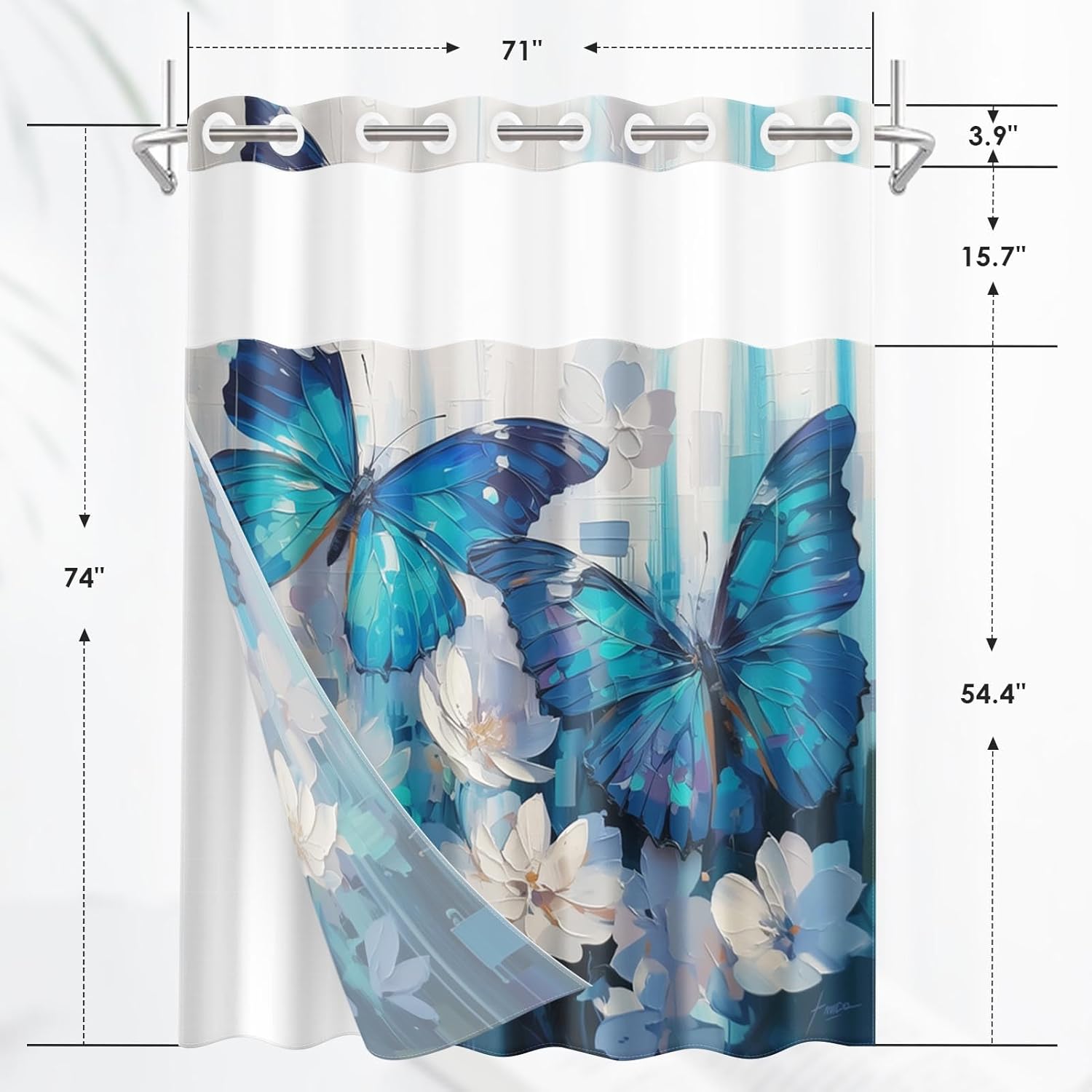 Nesphy No Hook Blue Butterfly Shower Curtain Set 1
