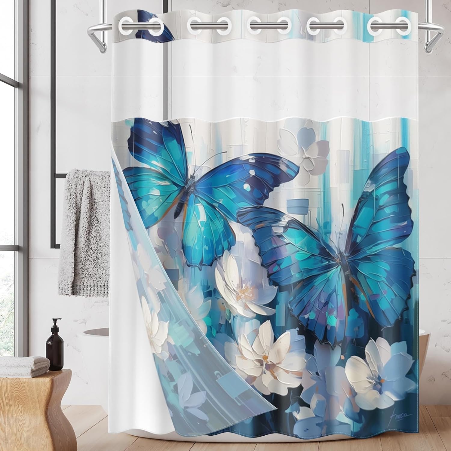 Nesphy No Hook Blue Butterfly Shower Curtain Set 1