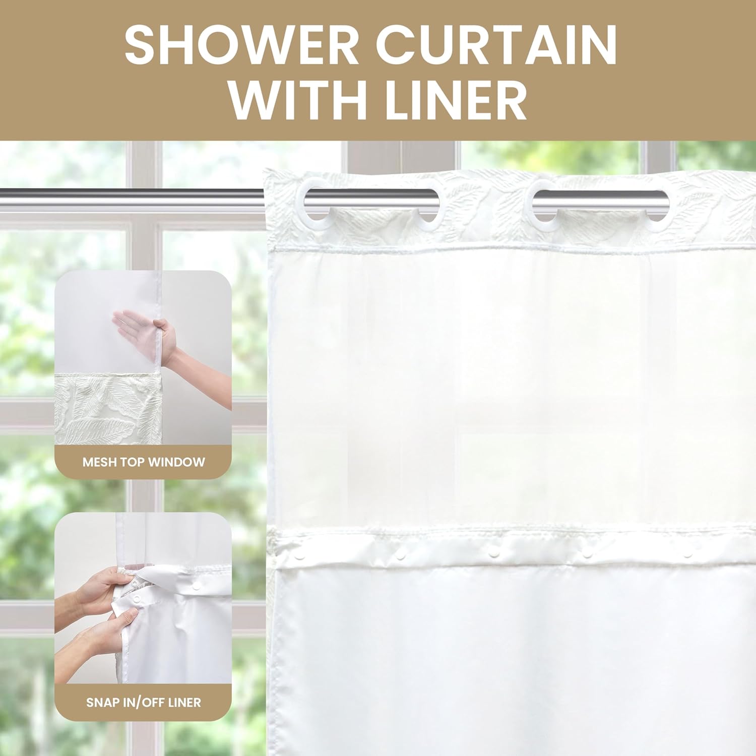 Lameirose Boho Shower Curtain with Snap Liner and Sheer Window