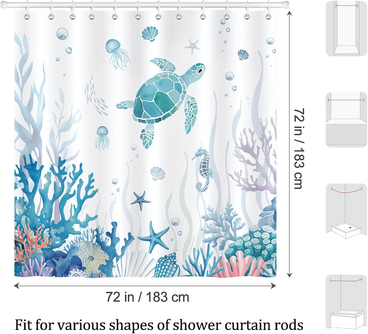 Sea Turtle Shower Curtain with 12 Hooks 72x72 Inches