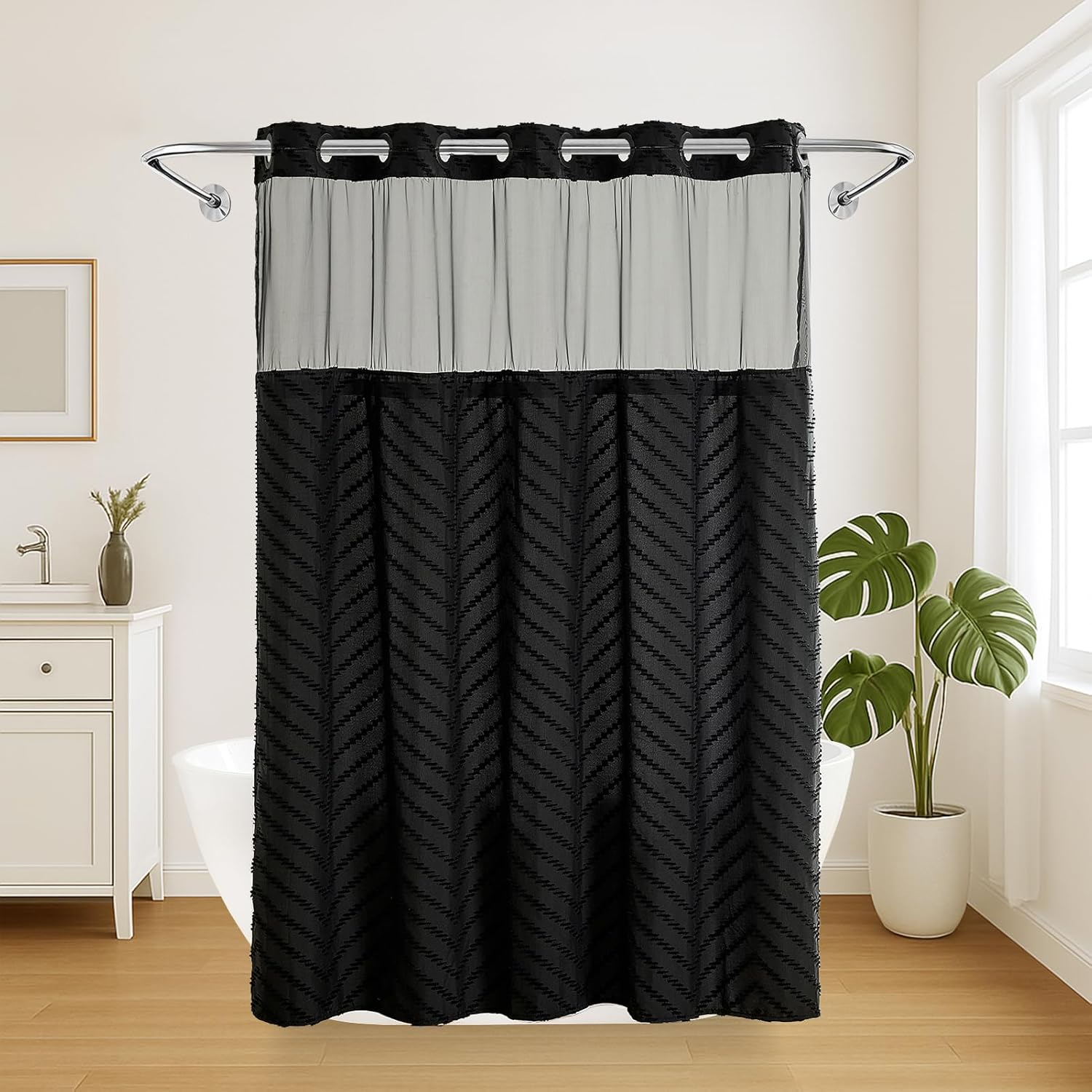 Nesphy Hookless Boho Shower Curtain Set Black Chevron Textured Double Layers Waterproof Liner