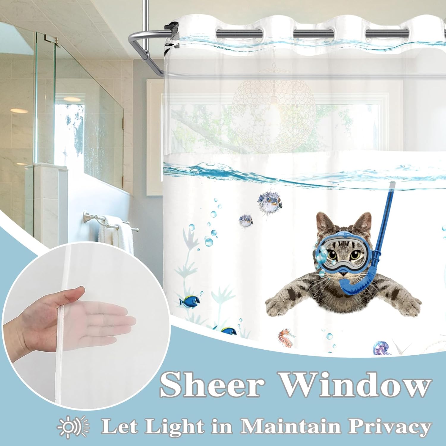 Fowocu Funny Cat Nautical Shower Curtain Set Teal Blue Ocean