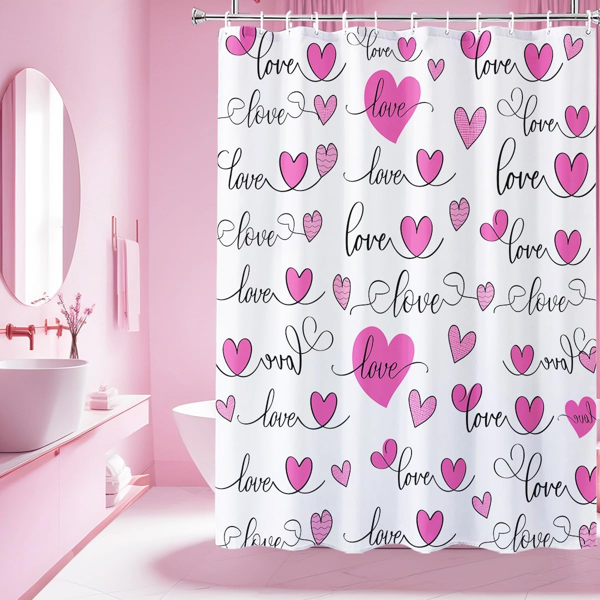 Modern Pink Heart Shower Curtain Set with 12 Hooks