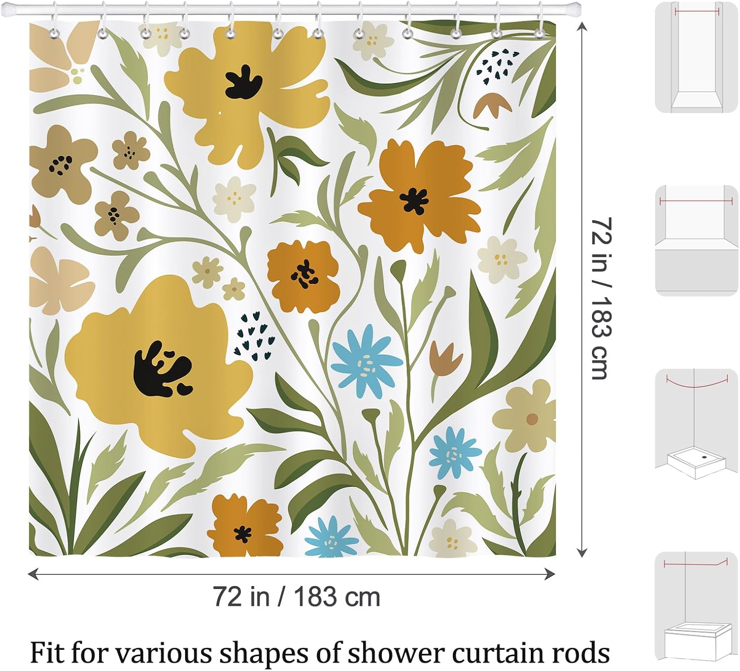 Boho Floral Shower Curtain with 12 Hooks 72x72 Inches