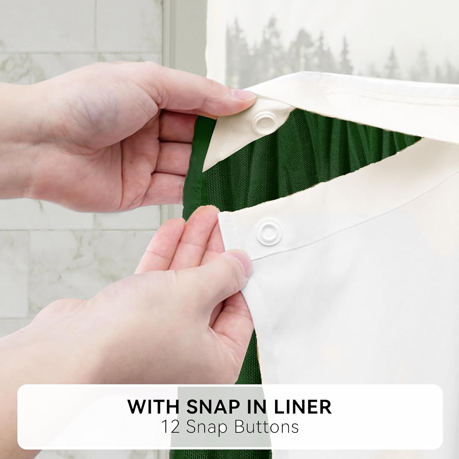 Dark Green Crumpled Texture Shower Curtain Set with Snap-in Liner