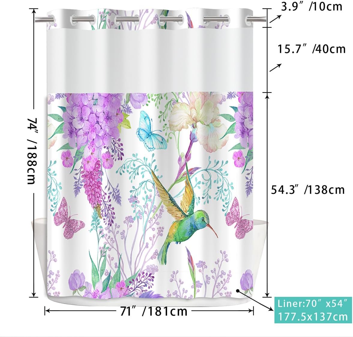 Mightree Purple Floral No Hook Shower Curtain Set