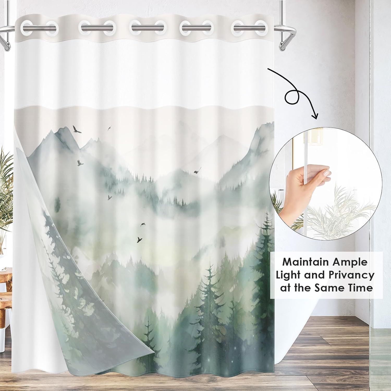Nesphy No Hook Landscape Forest Shower Curtain Set