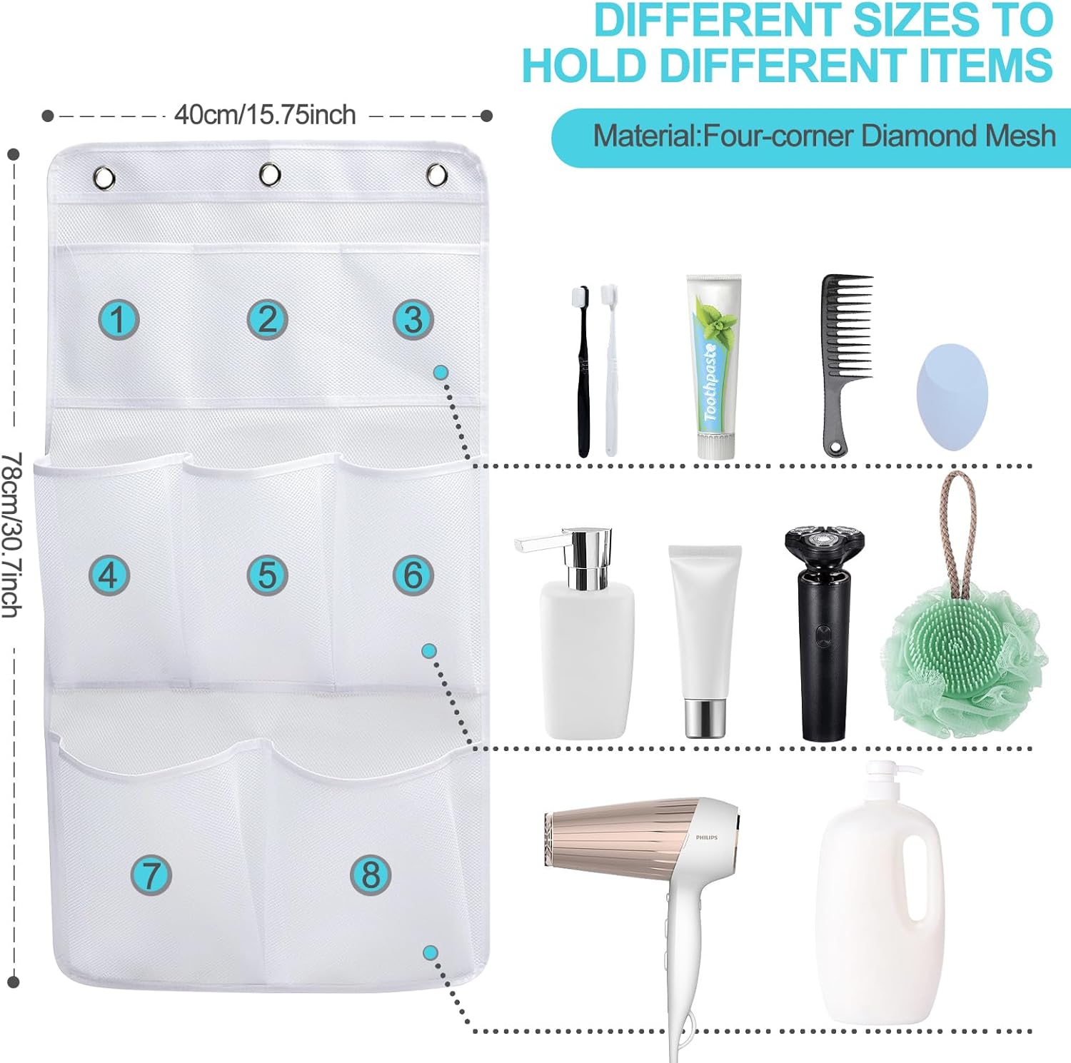 Hanging Shower Caddy with 8 Pockets and 3 Hooks Black