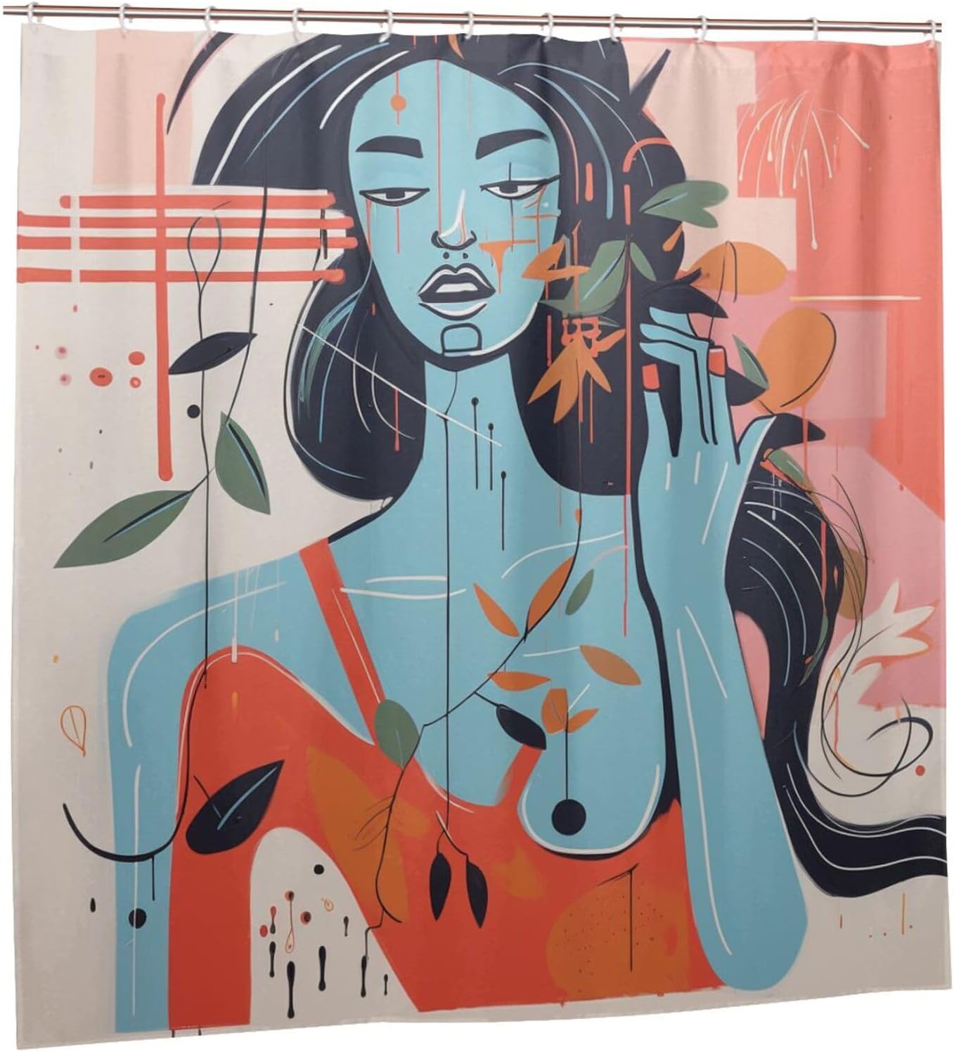 DAOWANGZUO Abstract Orange Flower Leaves Boho Shower Curtain Set 72x72in