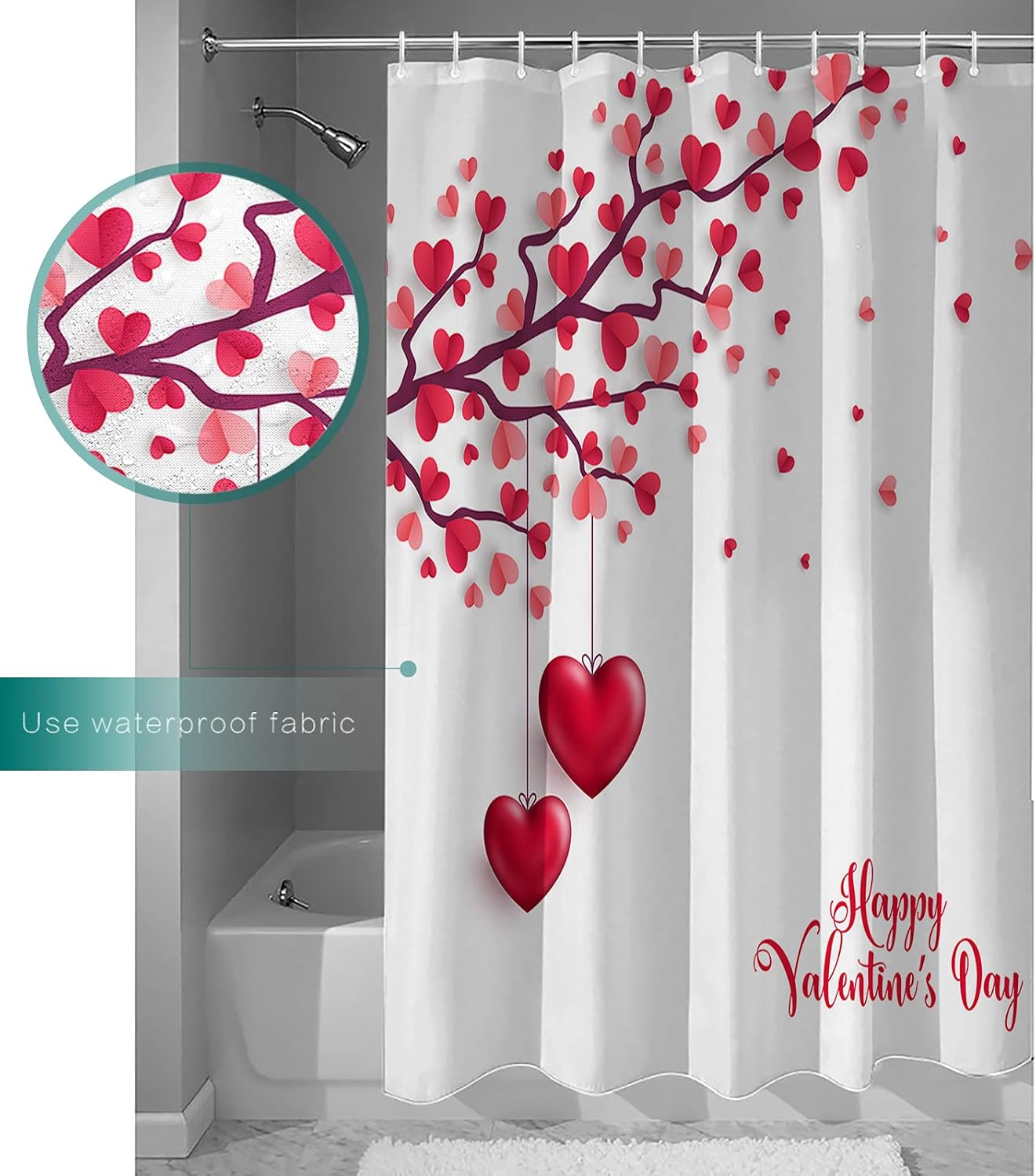Picpeak Valentines Day Pink Heart Tree Shower Curtain with Hooks 72x84in