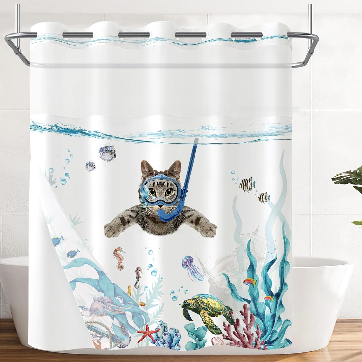 Fowocu Funny Cat Nautical Shower Curtain Set Teal Blue Ocean