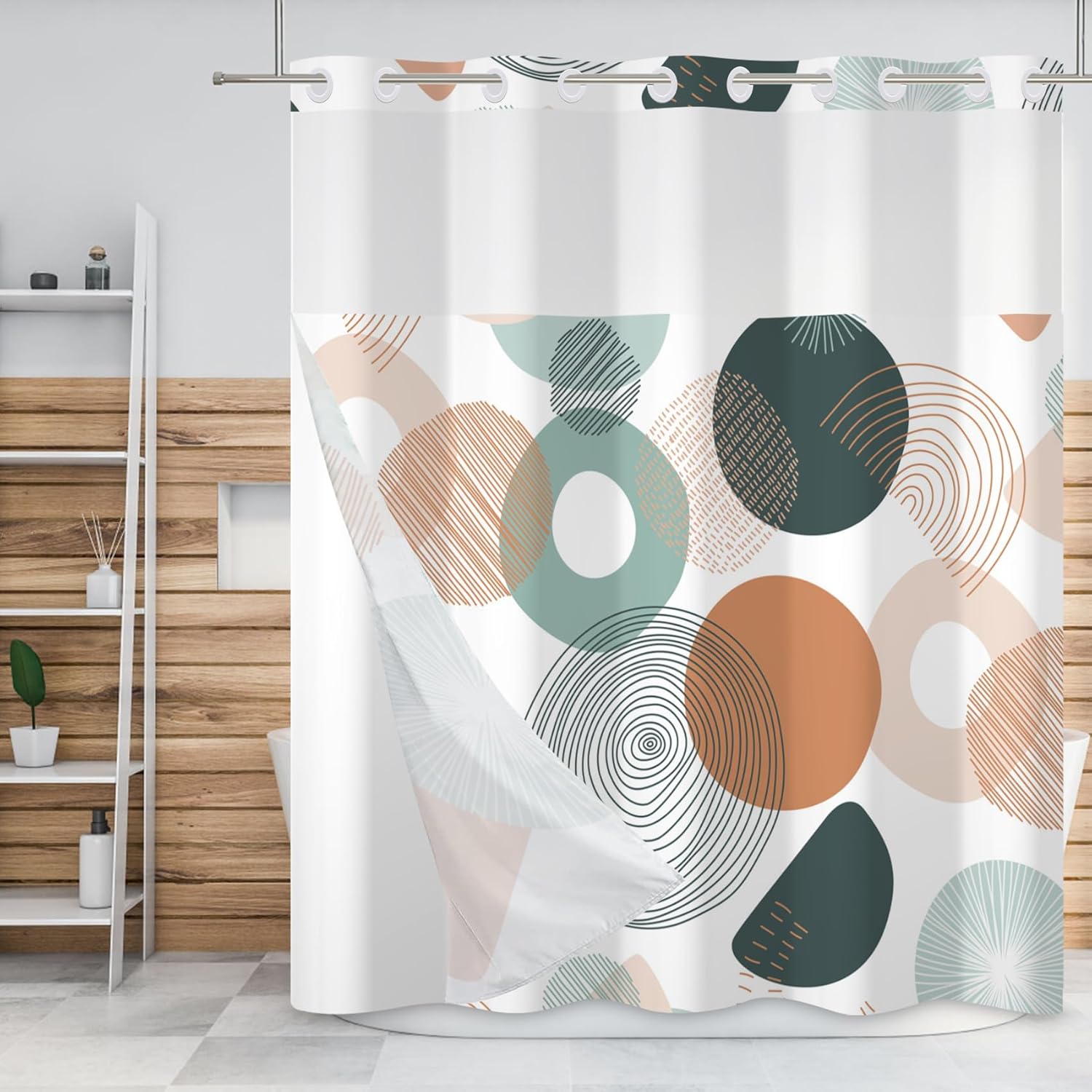 Baocicco Abstract Circle Shower Curtain Set with Built-in Liner