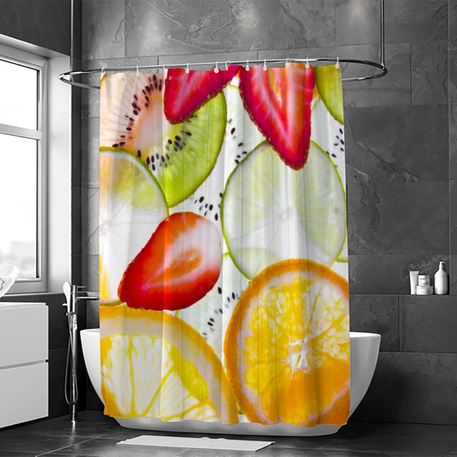 ZHIMI Shower Curtain with 12 Hooks Kiwi Orange Strawberry Design