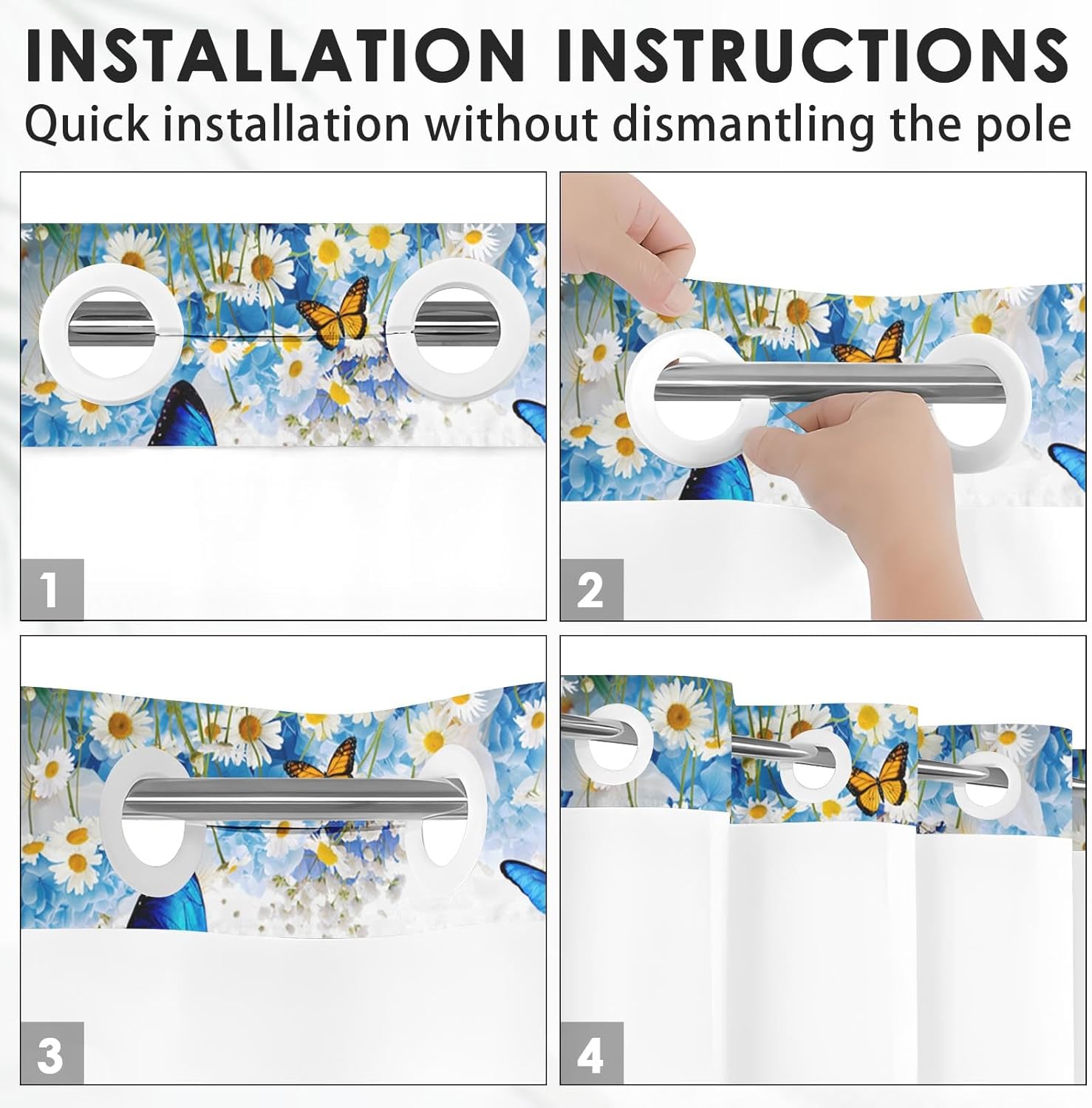 Nesphy No Hook Flower Chrysanthemum Shower Curtain Set