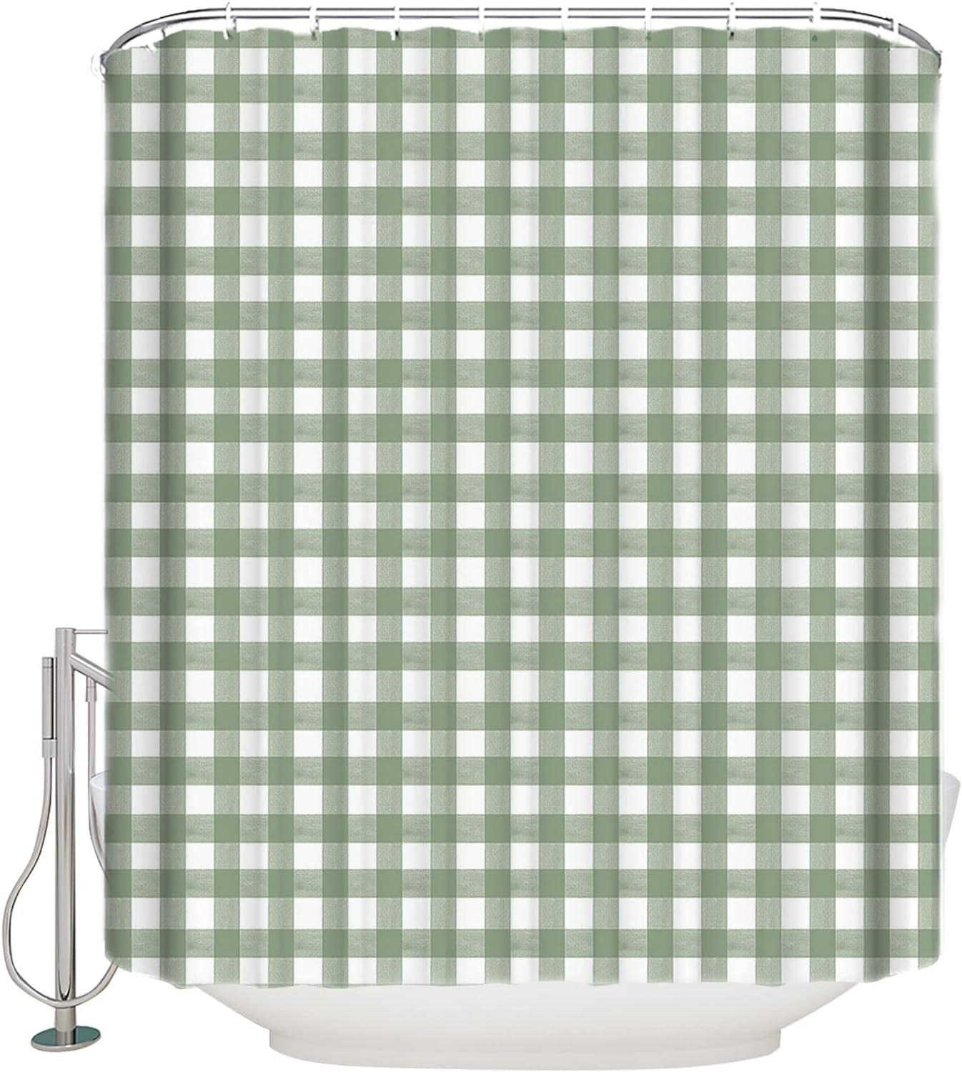 QueenKer Sage Green Buffalo Plaid Shower Curtain Set with 12 Hooks