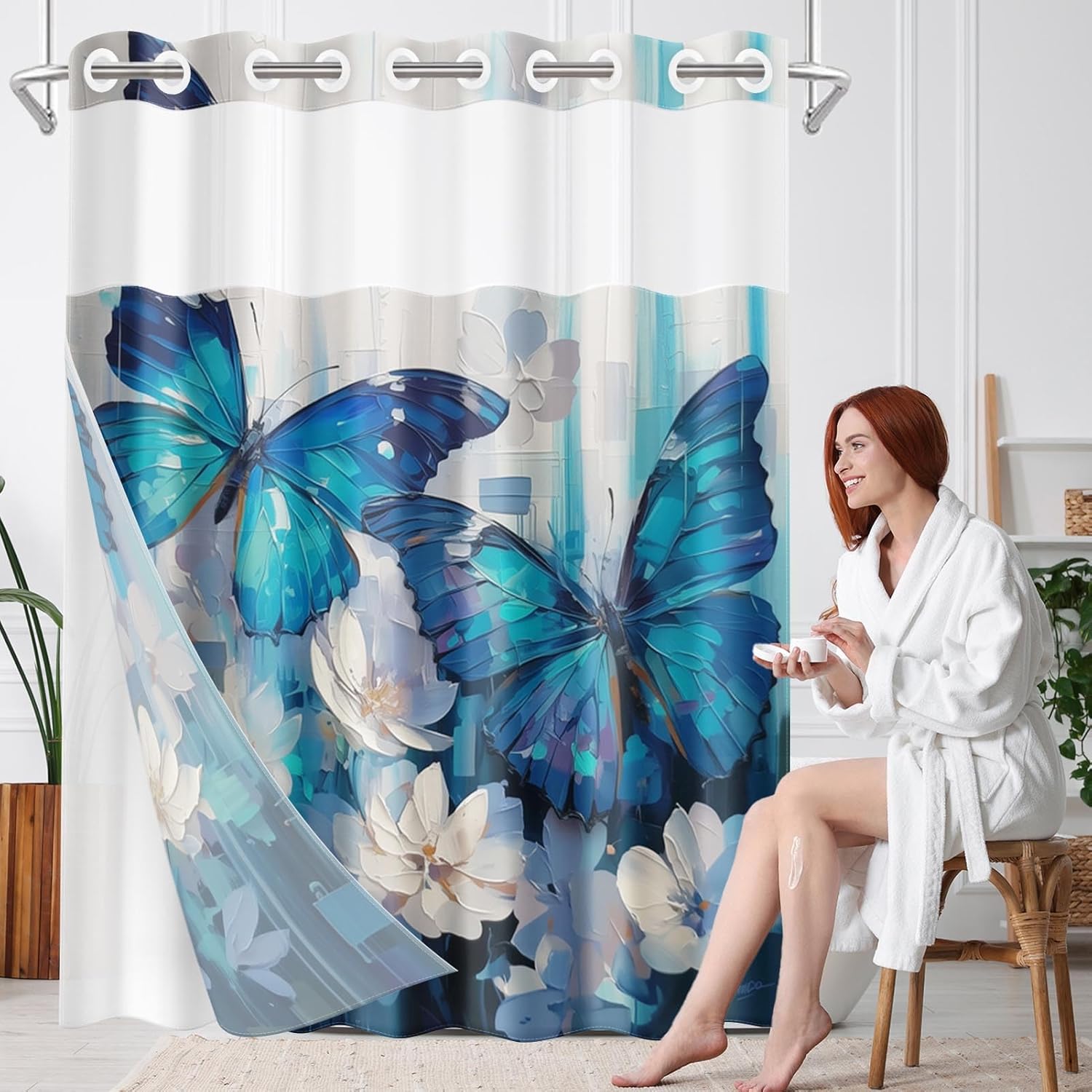 Nesphy No Hook Blue Butterfly Shower Curtain Set 1