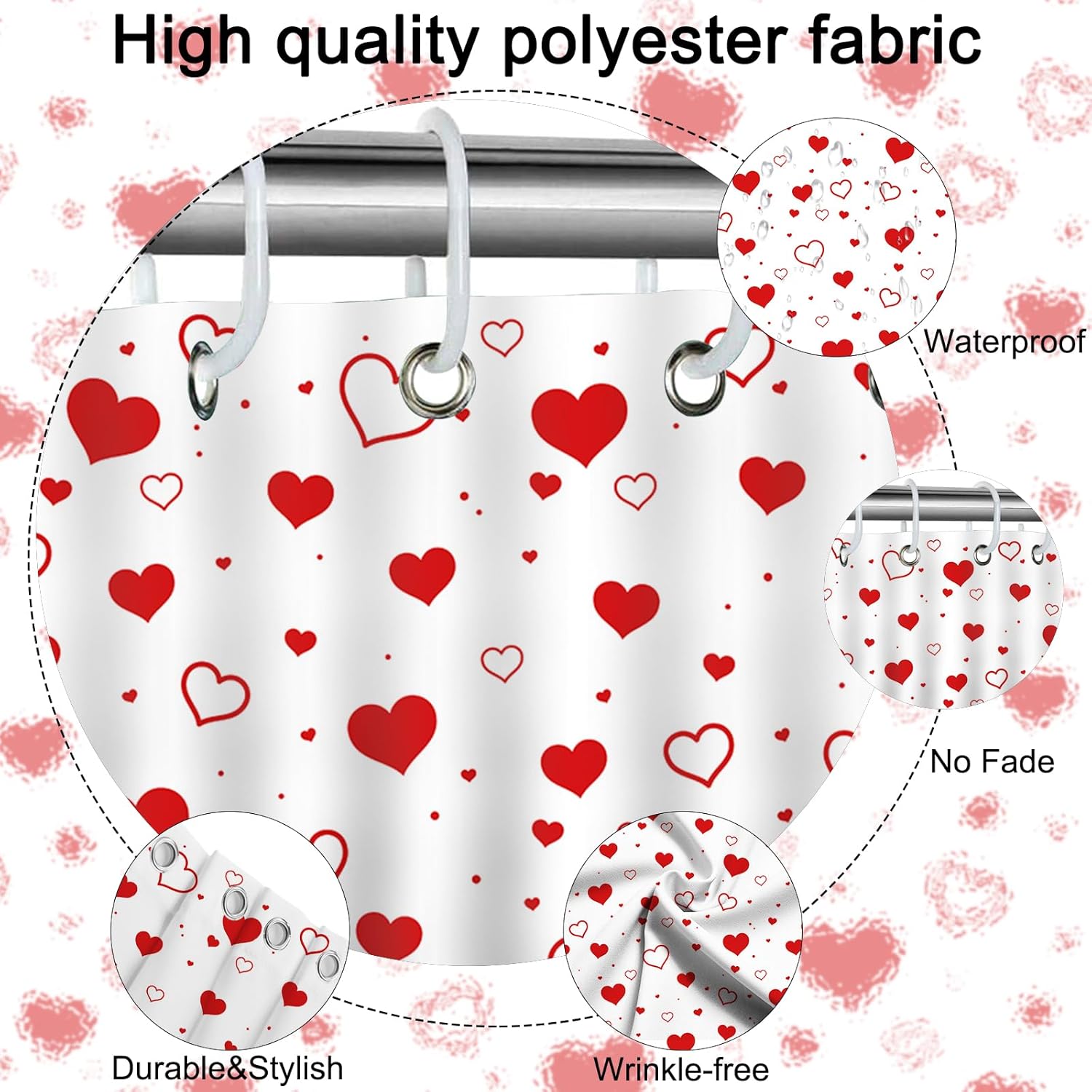 Mocsicka Red Heart Valentines Shower Curtain 72x72 Inches