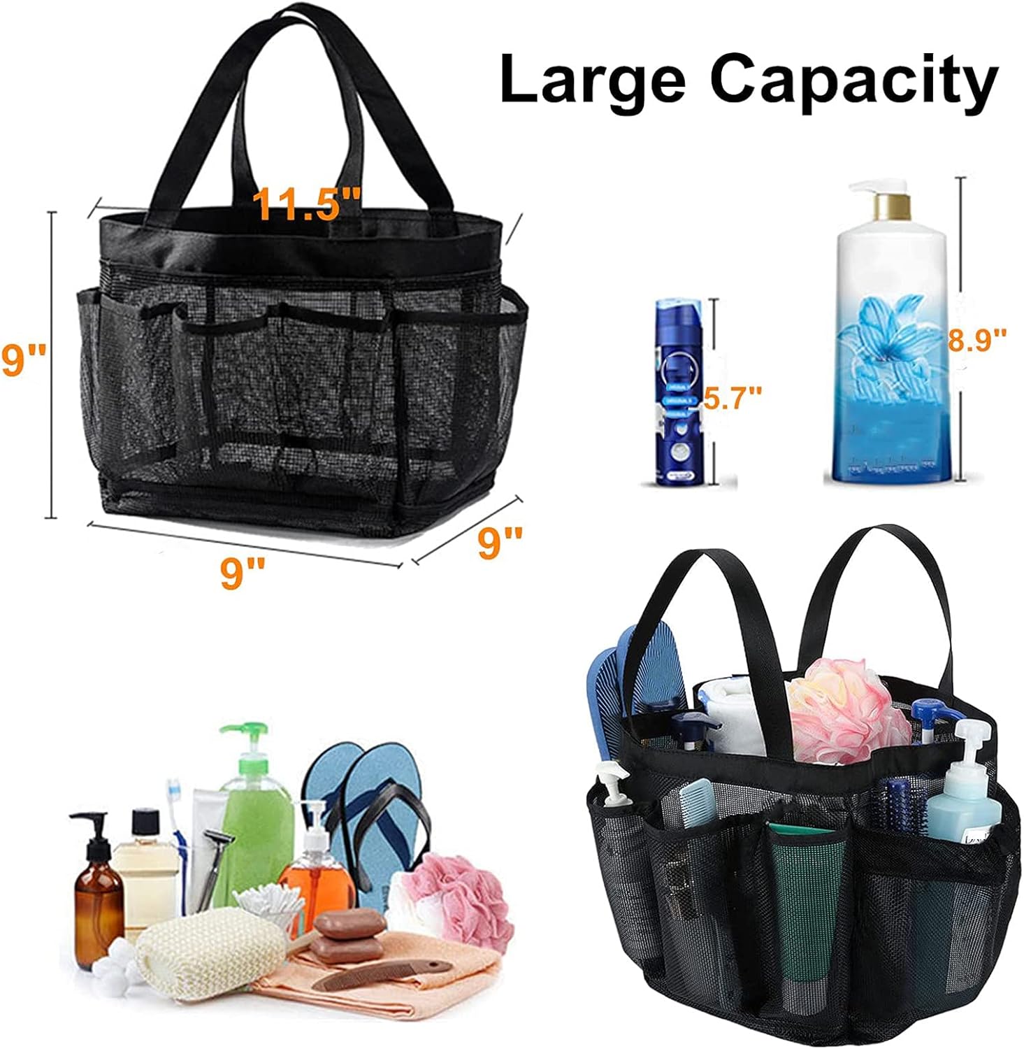 Mesh Shower Caddy Tote with 8 Pockets and Durable Handle