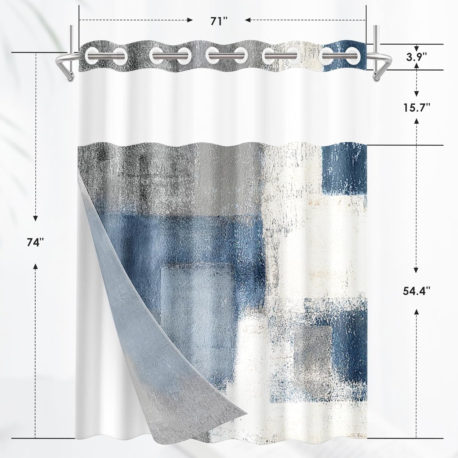 Nesphy No Hook Blue Grey Shower Curtain with Snap-in Liner 1