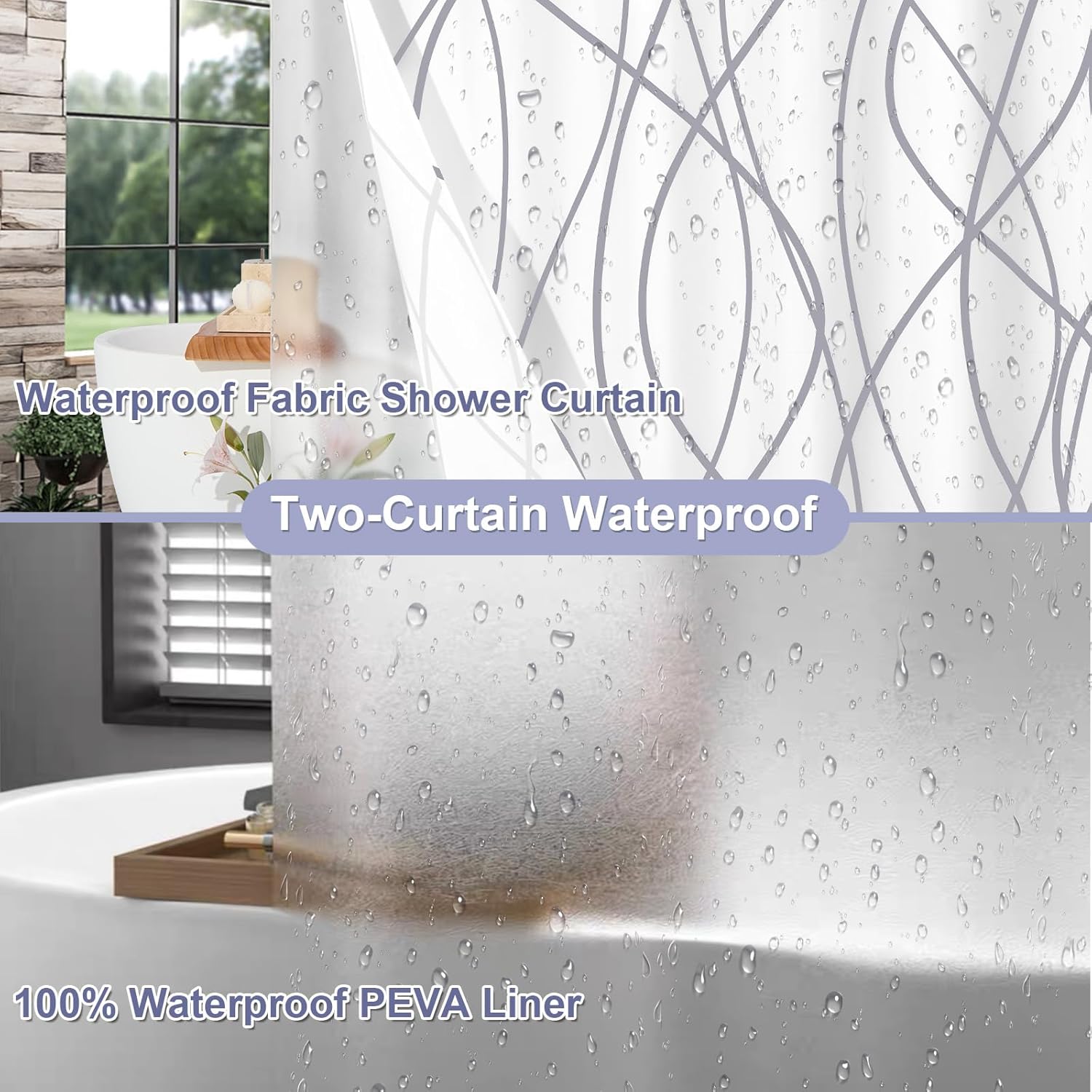 ORTIGIA 3-in-1 Shower Curtain Set Grey Wave Stripe