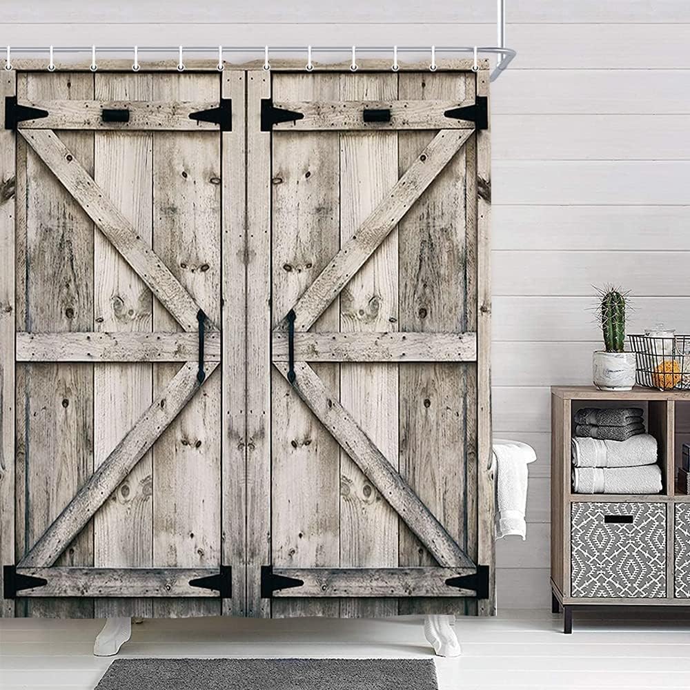 NYMB Rustic Wooden Barn Shower Curtain Set with 12 Hooks